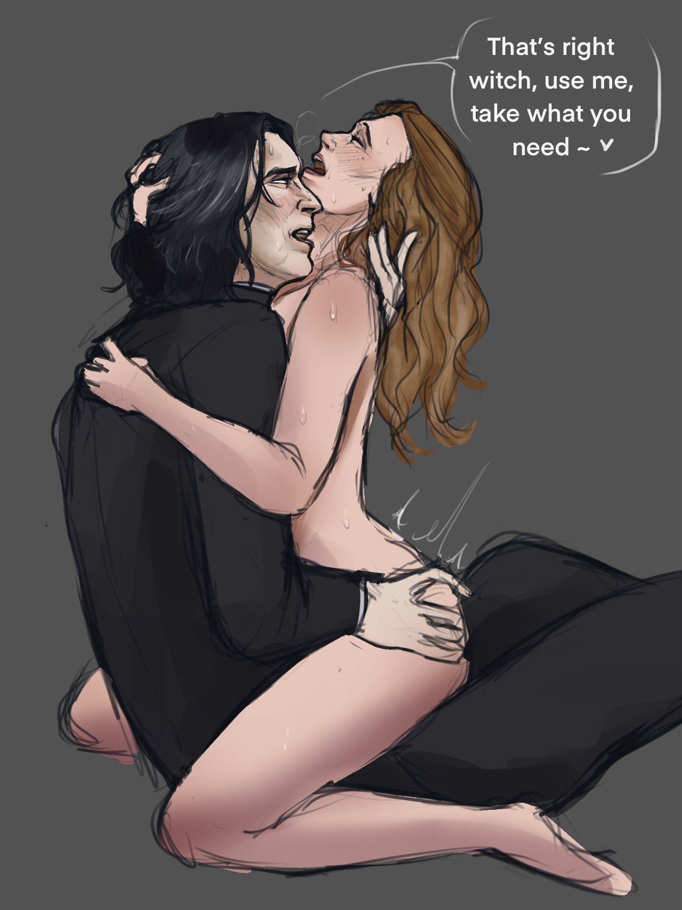 2024, barefoot, black clothing, black hair, blush, blush lines, brown hair, closed eyes, clothed, clothed male nude female, clothing, english, english text, grabbing, grabbing another's ass, grabbing ass, hair, hair grab, hand on ass, harry potter, hermione granger, holding, light skin, light-skinned female, light-skinned male, long hair, looking at another, looking at partner, looking pleasured, looking up, mature, mature male, naked, naked female, no visible genitalia, nude, nude female, severus snape, sex, sexyspandex1, simple background, sitting, sitting on another, sitting on lap, sitting on person, sketch, sweat, sweatdrop, sweating, talking to another, talking to partner, younger female