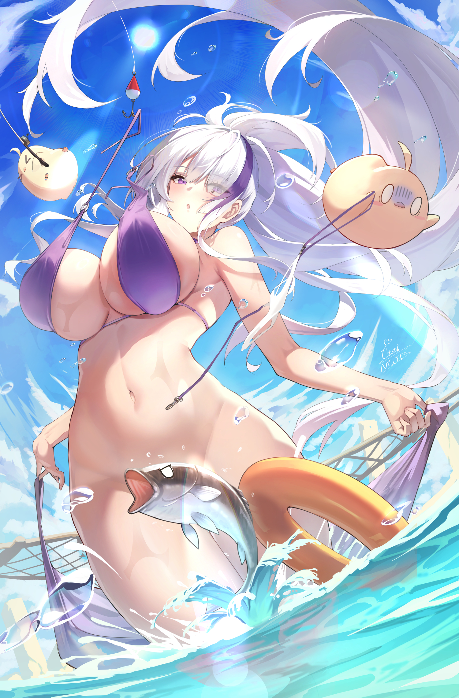 azur lane, bikini, bikini top only, blue sky, blush, bottomless, breasts, cg, cloud, convenient censoring, day, female, fish, from below, gainoob, holding, large breasts, long hair, looking at viewer, manjuu (azur lane), multicolored hair, navel, official alternate costume, open mouth, outdoors, ponytail, purple bikini, purple eyes, purple hair, sakura empire (azur lane), sky, solo, stomach, streaked hair, swimsuit, thighs, untied bikini, unworn bikini bottom, unzen (azur lane), unzen (sojourn through clear seas) (azur lane), very long hair, wading, wardrobe malfunction, water, wet, white hair
