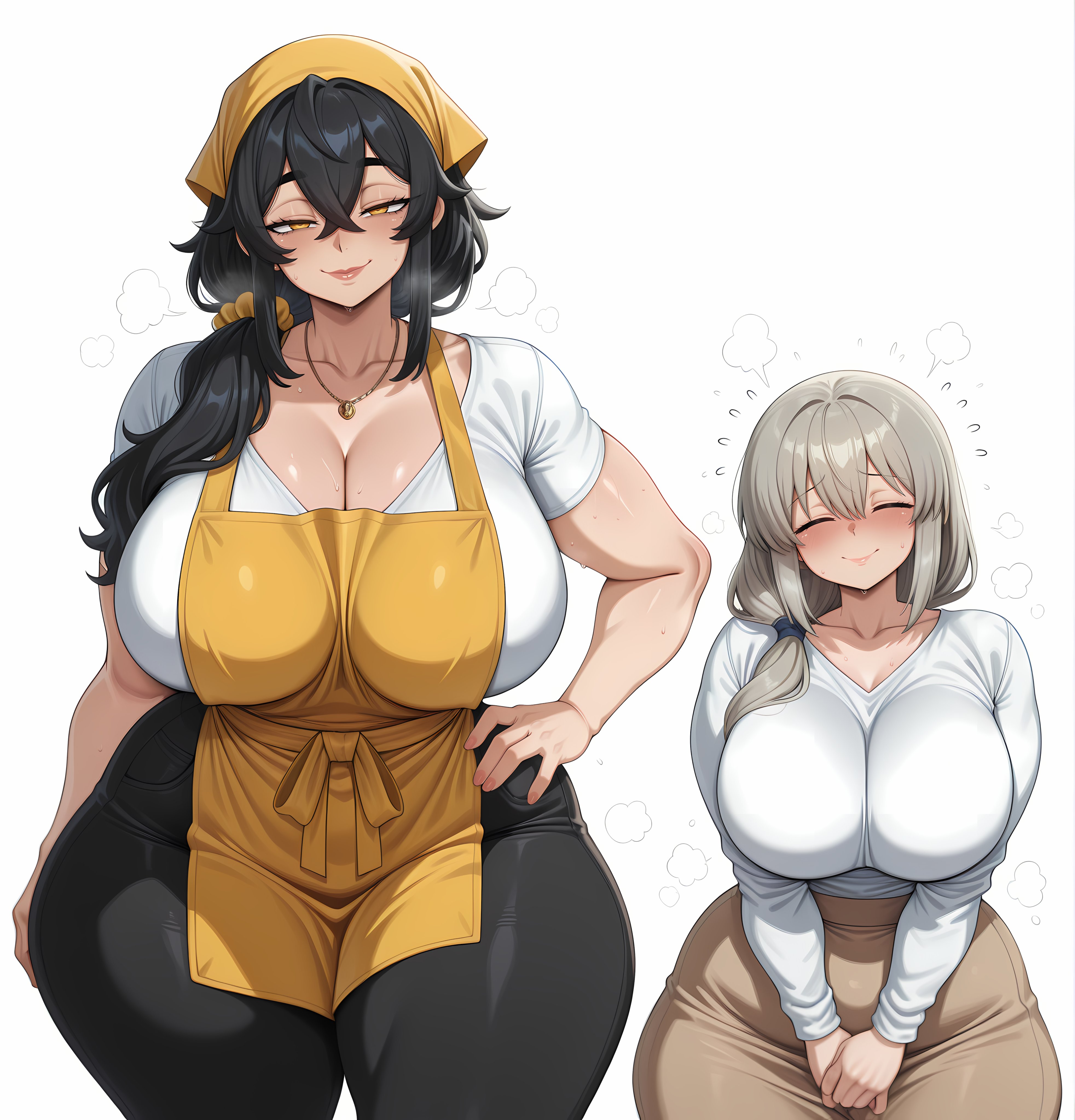 2025, 2girls, ai generated, apron, big breasts, black hair, blush, child bearing hips, cleavage, el memc, female, female only, hair ornament, hand on hip, horny, horny female, huge breasts, hyper breasts, imminent rape, imminent sex, memch0, milf, mommy, mother, musk, musk clouds, necklace, oc, original, original character, soledad (memch0), sweat, sweatdrop, sweating, sweaty, thick thighs, thunder thighs, tight clothing, turban, uzaki tsuki, uzaki-chan wa asobitai!, white hair, yellow eyes