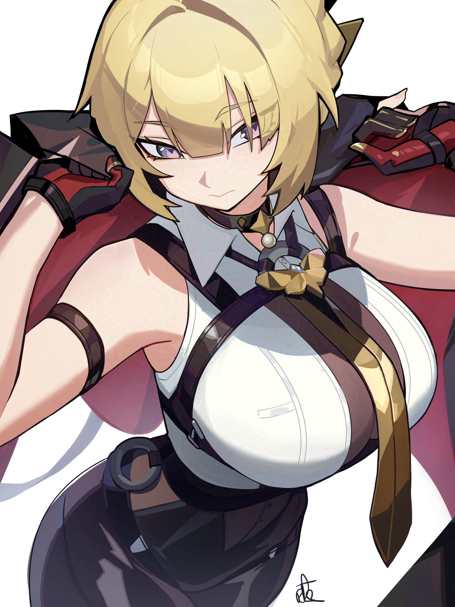1girls, arm strap, black choker, black gloves, black pants, blonde hair, breasts, chest harness, choker, distr, elbow gloves, evelyn chevalier, female, female only, gloves, hair up, half gloves, harness, high-waist pants, highres, jacket, jacket on shoulders, large breasts, necktie, ninra, pants, purple eyes, shirt, signature, single elbow glove, single half glove, solo, tight clothes, tight pants, white background, white shirt, yellow necktie, zenless zone zero