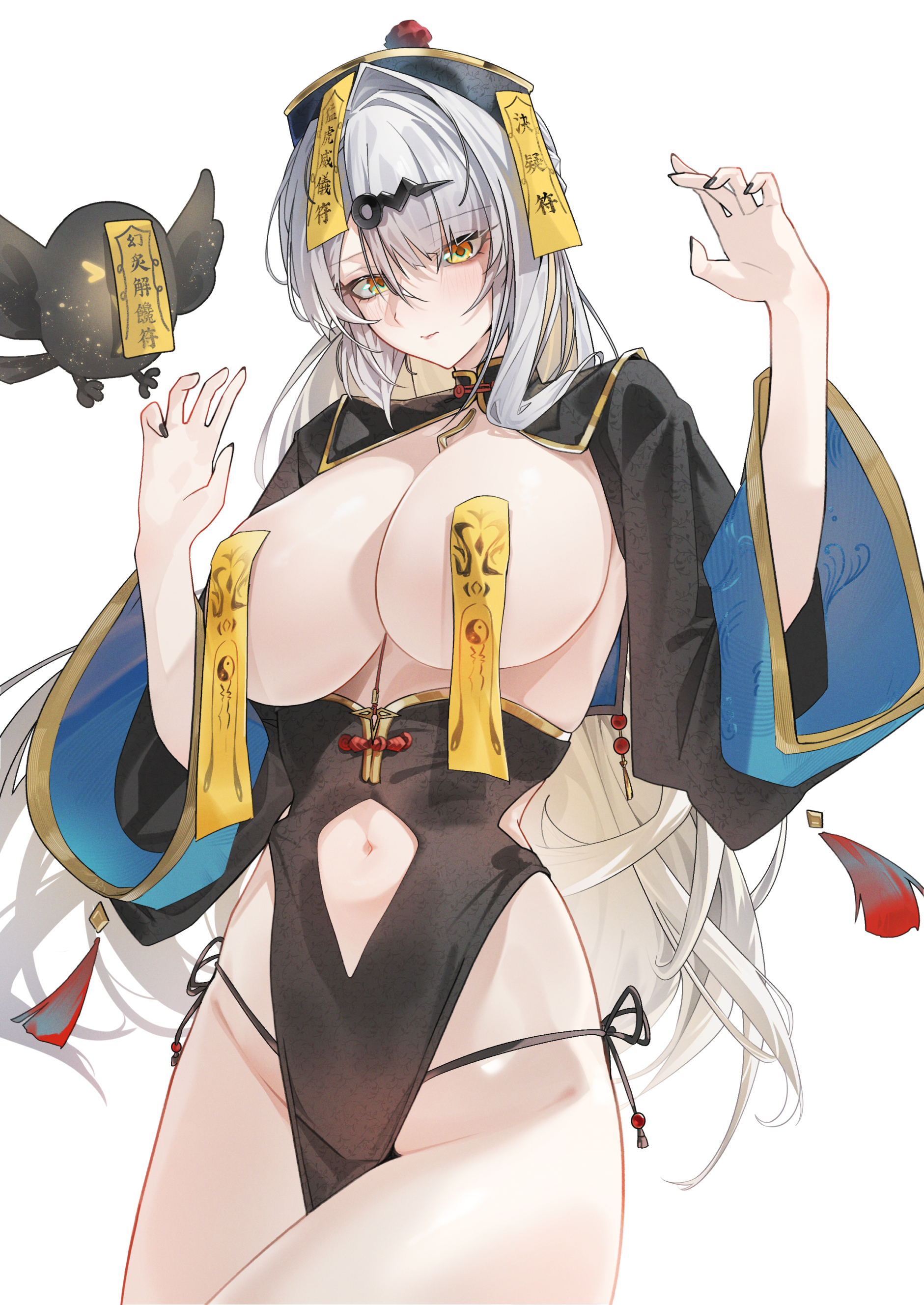 1girls, absurdres, alternate costume, black dress, black hat, black nails, black panties, black shrug, blush, breasts, closed mouth, clothing cutout, commentary, dress, female, female only, fingernails, grey hair, hair ornament, hat, highres, jiangshi costume, large breasts, leo795, long hair, long sleeves, looking at viewer, nail polish, navel, navel cutout, ofuda, ofuda on nipples, outstretched arms, panties, pasties, pelvic curtain, shrug (clothing), side-tie panties, simple background, solo, thighs, underwear, untranslatable commentary, very long hair, white background, yellow eyes, yixuan (zenless zone zero), zenless zone zero, zombie pose