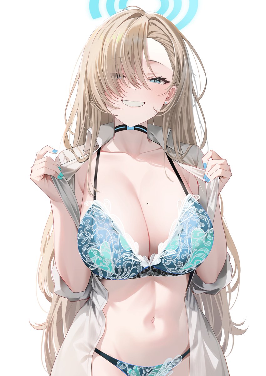 1girls, artist request, asuna (blue archive), big breasts, blue archive, cleaning & clearing (blue archive), female, female only, hair over one eye, halo, lingerie, lingerie only, millennium science school student, mole on breast, shirt, shirt only, smile