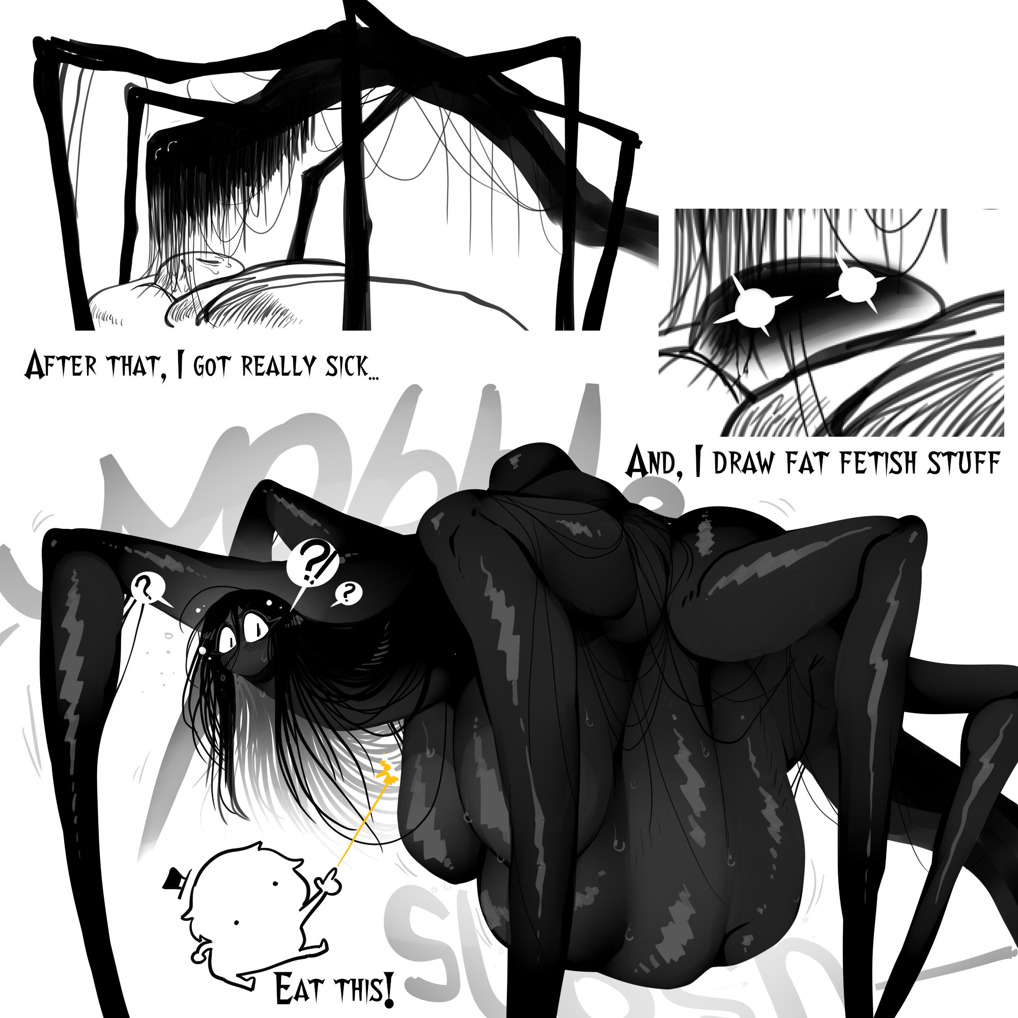 6 arms, bed, bedroom, belly, big breasts, black body, black hair, comic, creepy, debyjull, demon, fat, fat female, female, hanging belly, hanging breasts, horror, larger female, monster, monster girl, multiple limbs, obese, obese female, sleep , sleep paralysis demon, sweat, sweatdrop, sweating, sweaty, text