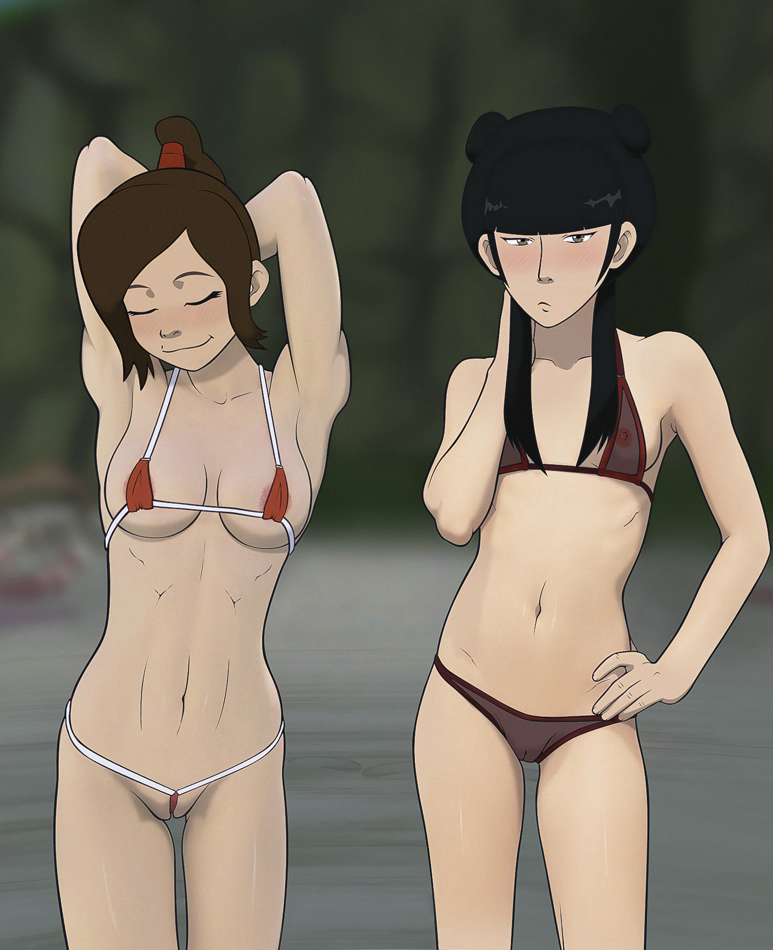 2girls, anaxus, areolae, armpits, arms behind head, avatar the last airbender, beach, between labia, bikini, black hair, braid, braided ponytail, breasts, brown hair, closed eyes, covered nipples, crown, double bun, female, female only, fire nation, gold eyes, goth, goth girl, gothic, gothic girl, group, hairbun, hairless pussy, hand behind head, hand on hip, hands behind head, hourglass figure, innie pussy, long hair, looking at another, looking at viewer, mai (avatar), medium breasts, multiple females, multiple girls, nickelodeon, nipples, outdoors, ponytail, pose, posing, pussy, small breasts, smiling, standing, string bikini, swept bangs, swimsuit, ty lee, wedgie, wide sleeves