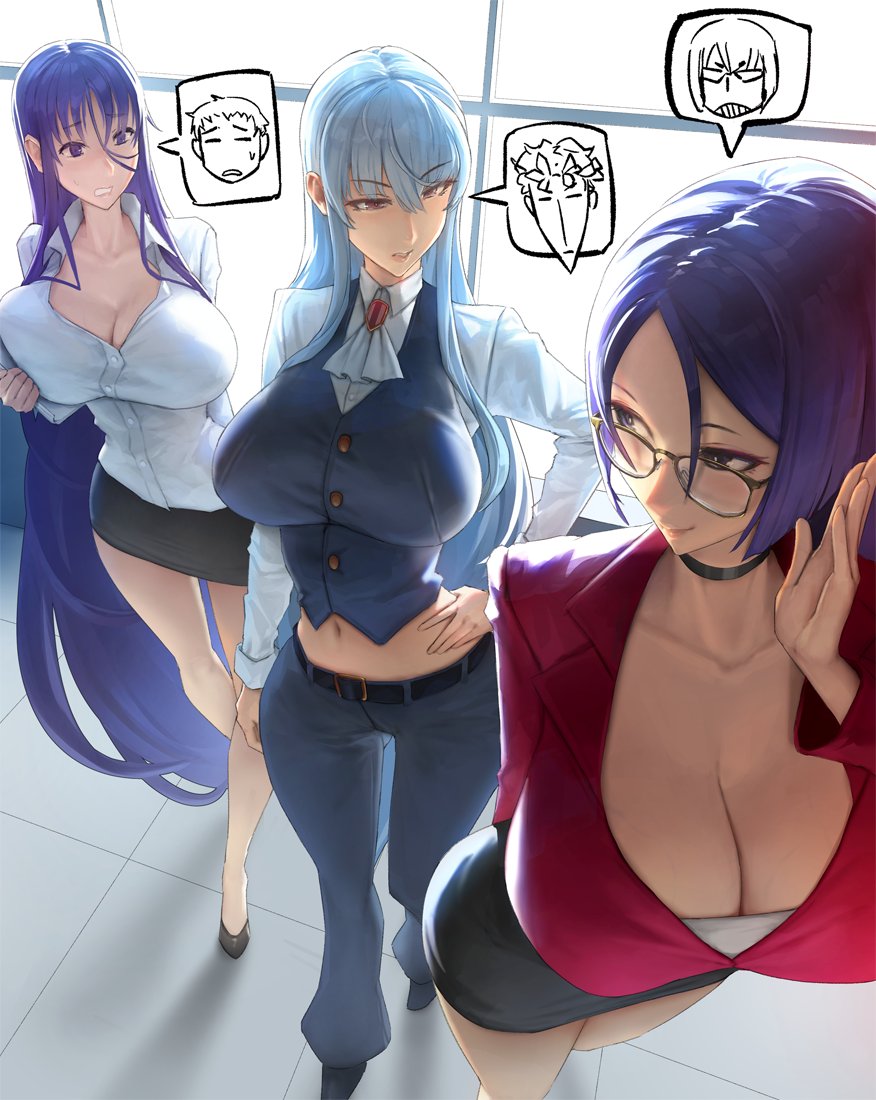 3girls, belt, blue eyes, breasts, character request, choker, cleavage, eu03, fate (series), fate/grand order, female, female only, glasses, hand on own hip, high heels, huge breasts, long hair, long sleeves, midriff, minamoto no raikou (fate), miniskirt, multiple girls, navel, office lady, parted bangs, purple eyes, purple hair, red eyes, selvaria bles, senjou no valkyria (series), skirt, smile, suzuhara misae, very long hair, white hair, zettai junpaku mahou shoujo