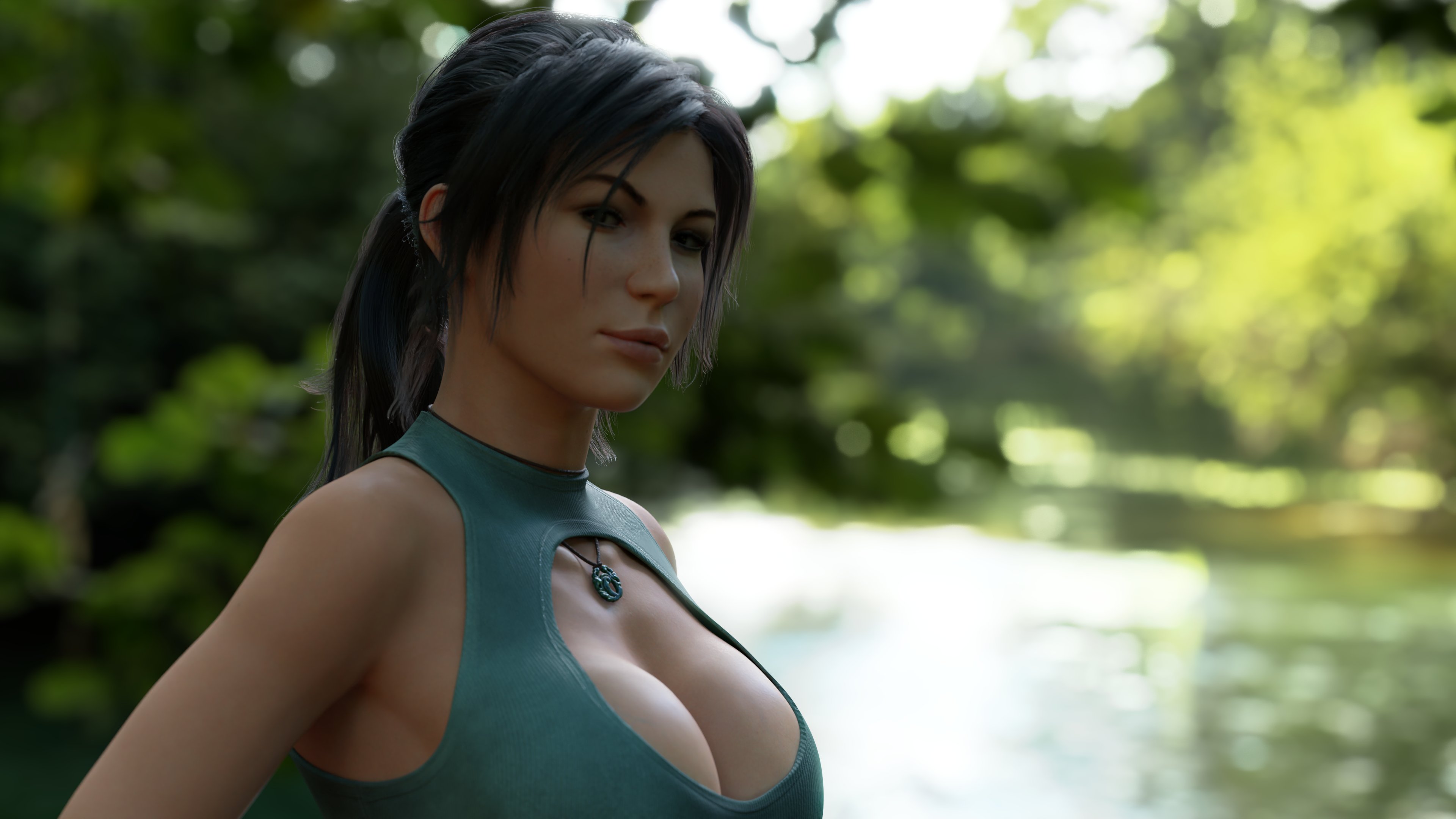 1girls, 3d, big breasts, blurry background, breasts, brown eyes, brown hair, cleavage, cleavage cutout, female, female only, lara croft, lara croft (survivor), large breasts, light skin, light-skinned female, looking at viewer, necklace, outside, pale skin, pale-skinned female, perky breasts, plump lips, ponytail, pose, revealing clothes, solo, son umbasa, tied hair, tomb raider, tomb raider (survivor)