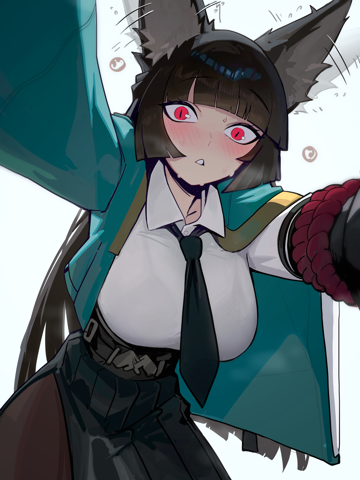 1girls, alt text, animal ears, black hair, black necktie, black pantyhose, black skirt, blunt bangs, blush, breasts, commentary, distr, english commentary, female, female only, fox ears, fox girl, green jacket, highres, hoshimi miyabi, jacket, large breasts, long hair, looking at viewer, necktie, ninra, paid reward available, pantyhose, pov, red eyes, shirt, skirt, solo, very long hair, white shirt, zenless zone zero