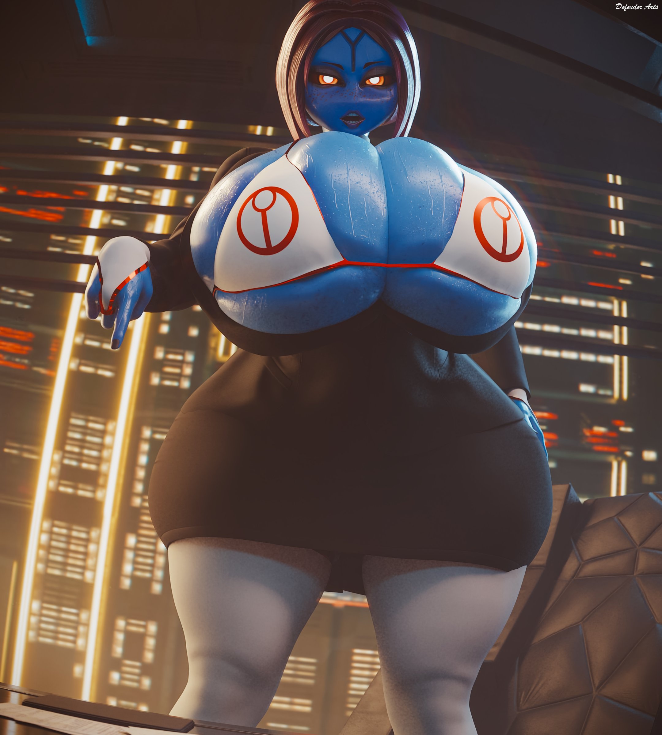 3d, absurd res, blue skin, borrowed character, bra, breasts bigger than head, bysamzan, defenderarts (artist), fingerless gloves, gloves, glowing eyes, highres, huge breasts, huge thighs, kino (tonka kryga), leggings, red hair, staring at viewer, sweat, sweaty, sweaty breasts, tagme, tau, tau (bysamzan), thighs bigger than head, venus body, warhammer (franchise), warhammer 40k