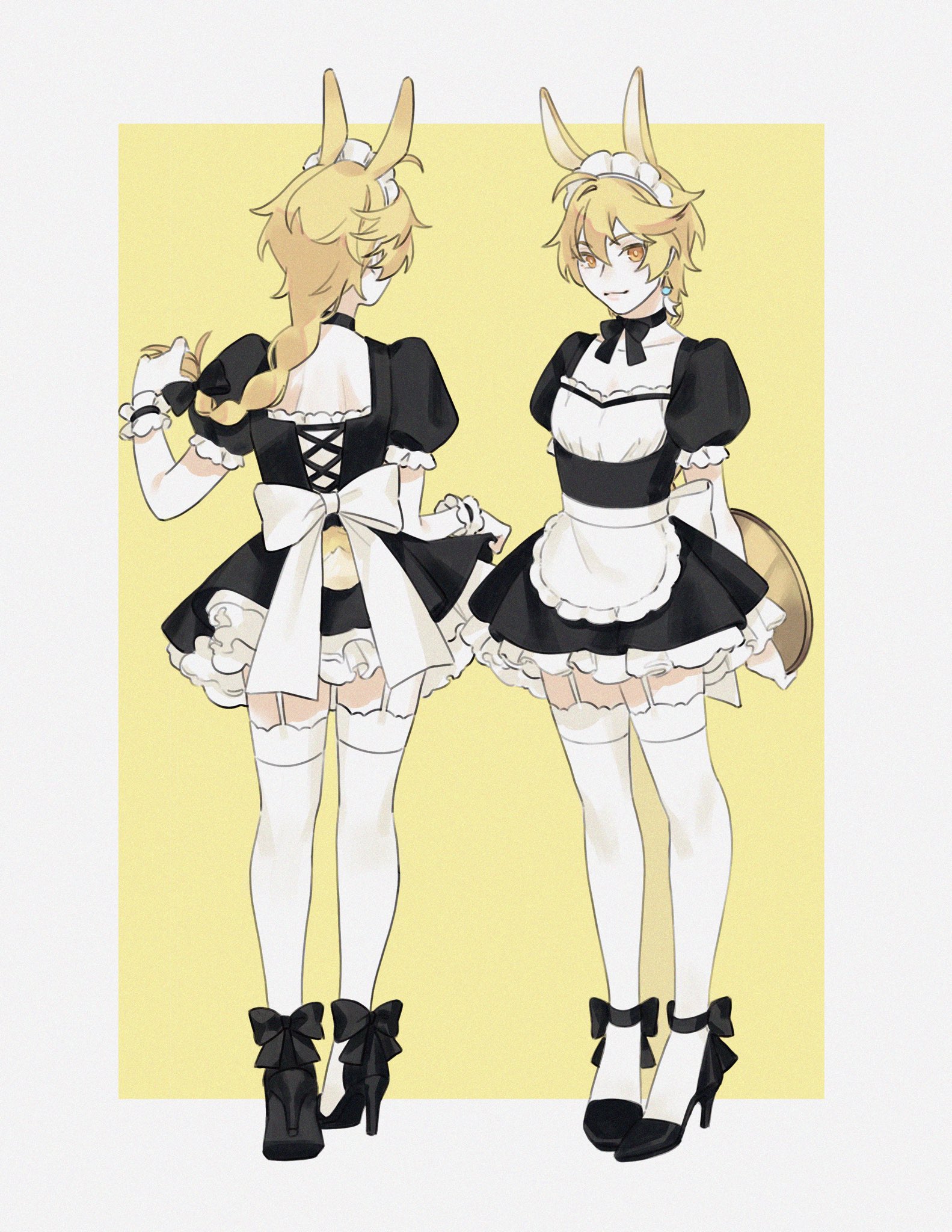 1boy, aether (genshin impact), blonde hair, bunny tail, ear piercing, femboy, feminization, genshin impact, high heels, hokkemika, long hair, looking at viewer, maid headdress, male, male only, solo, stockings, yellow eyes