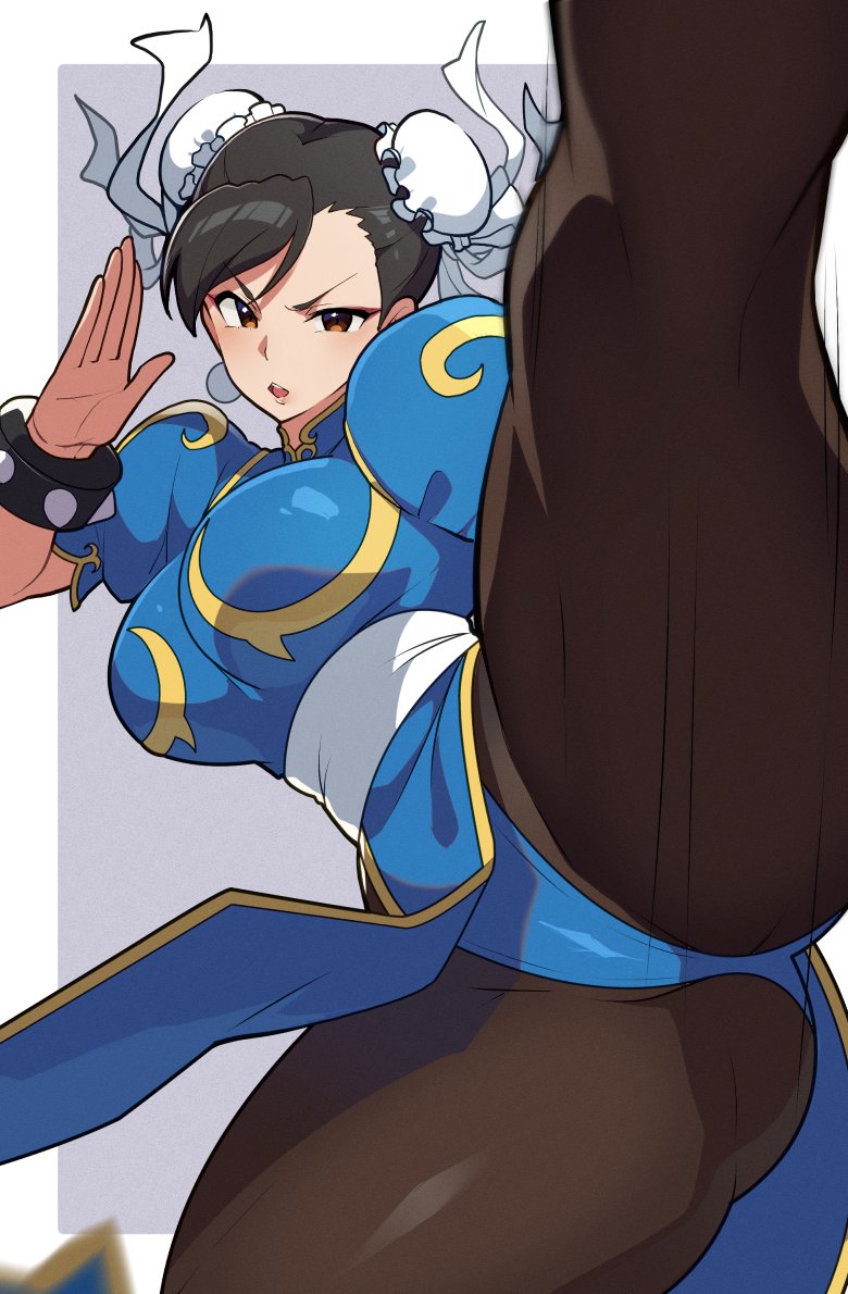 1girls, black hair, blue dress, bracelet, breasts, brown eyes, brown pantyhose, capcom, china dress, chinese clothes, chun-li, commentary request, double bun, dress, earrings, female, female only, fighting stance, hair bun, jewelry, large breasts, looking at viewer, mituyota 76, open mouth, pantyhose, puffy short sleeves, puffy sleeves, short hair, short sleeves, solo, spiked bracelet, spikes, street fighter, street fighter ii