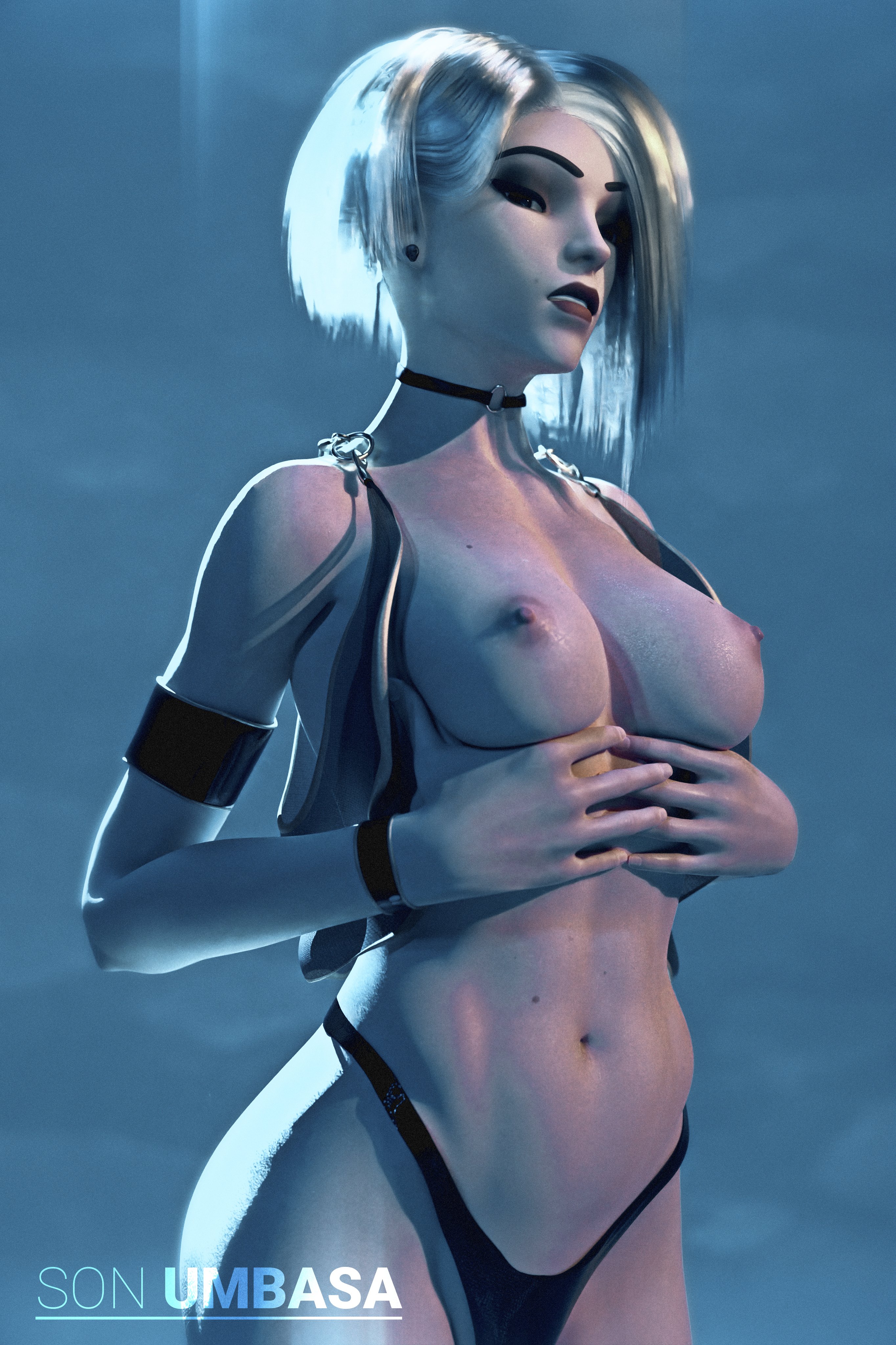 1girls, 2021, 3d, 3d (artwork), areolae, ashe (overwatch), asymmetrical hair, blizzard entertainment, breasts, choker, clenched teeth, cupping breasts, earrings, erect nipples, eyeshadow, female, female only, lipstick, looking at viewer, mascara, mole, navel, nipples, overwatch, panties, short hair, solo, son umbasa, topless, white hair