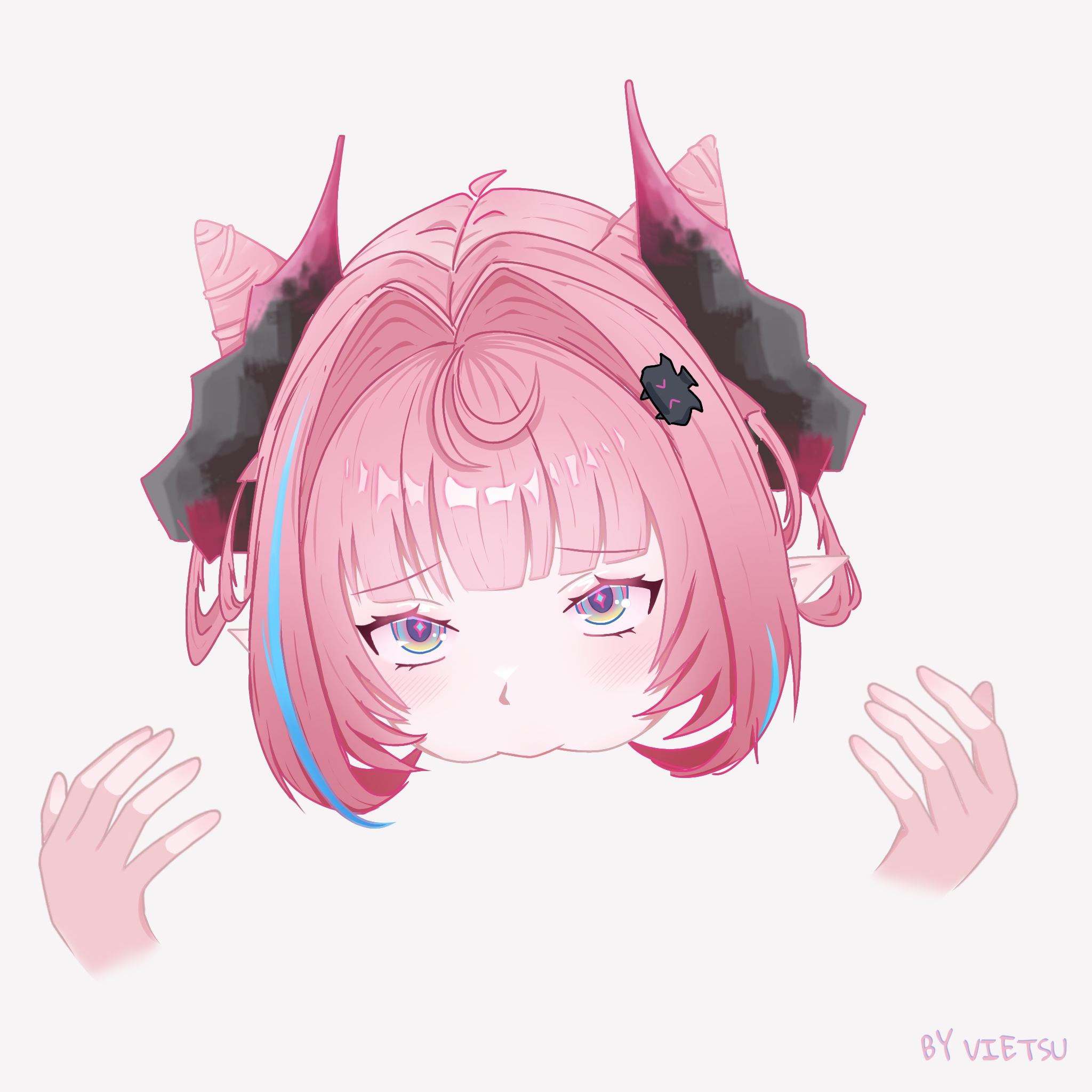 2girls, arknights, arknights: endfield, cunnilingus, hi res, horns, negative space cunnilingus (meme), pink hair, suggestive look, vietsu, yuri, yvonne (arknights: endfield)