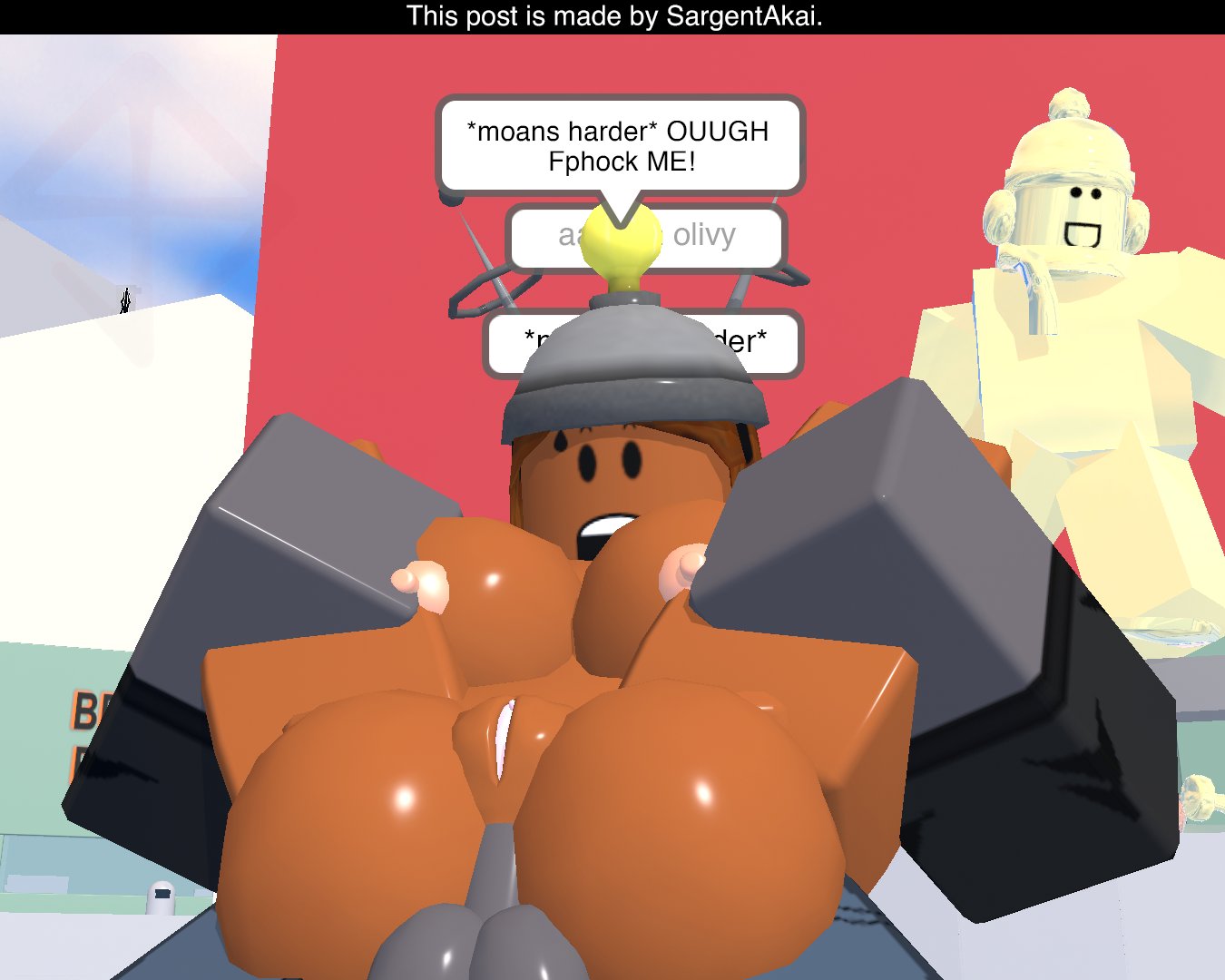 1boy, 1boy1girl, 1girls, 2026, 3d, anal, anal sex, artist name, ass, balls, big ass, big breasts, black eyes, black hairband, black shirt, blue pants, breasts, brown hair, brown skin, brown-haired female, brown-skinned female, chat bubble, clothed, clothed male, clothed male nude female, completely nude, completely nude female, dialogue, duo, english text, female, female penetrated, full nelson, full nelson (legs held), full nelson anal, fully clothed, fully clothed male, grey hat, grey skin, grey-skinned male, hairband, hat, heyits aaron, livvyburger555, long hair, male, male penetrating, male penetrating female, male/female, moaning, nipples, nude, nude female, nude female clothed male, open mouth, outdoor nudity, outdoor sex, outdoors, pants, penis, penis out, pussy, retro artstyle, roblox, roblox avatar, roblox studio, robloxian, sargentakai, shirt, statue, straight, style emulation, style imitation, style parody, surprised, surprised expression, sweat, sweatdrop, t-shirt, text, thighs