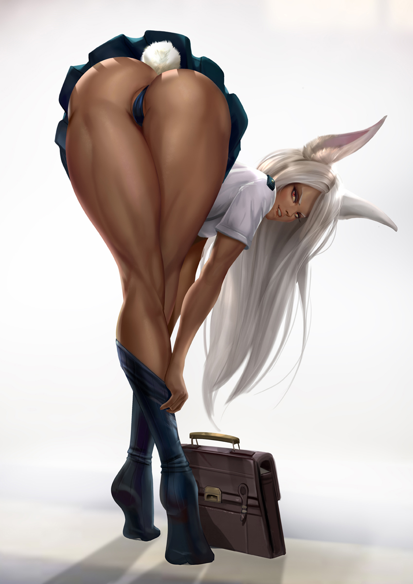 1girls animal_ears animal_tail ass bag bent_over blue_skirt bunny_ears bunny_tail butt cameltoe clothing dark-skinned_female dark_skin dat_ass feet felox08 female female_only footwear from_behind hamstrings legs long_hair long_legs long_socks looking_at_viewer looking_back miruko muscular muscular_female muscular_thighs my_hero_academia no_shoes panties pleated_skirt red_eyes rumi_usagiyama school_uniform schoolgirl shirt skirt socks soles solo standing teasing tiptoes toned_female top-down_bottom-up under_skirt undressing upskirt white_hair