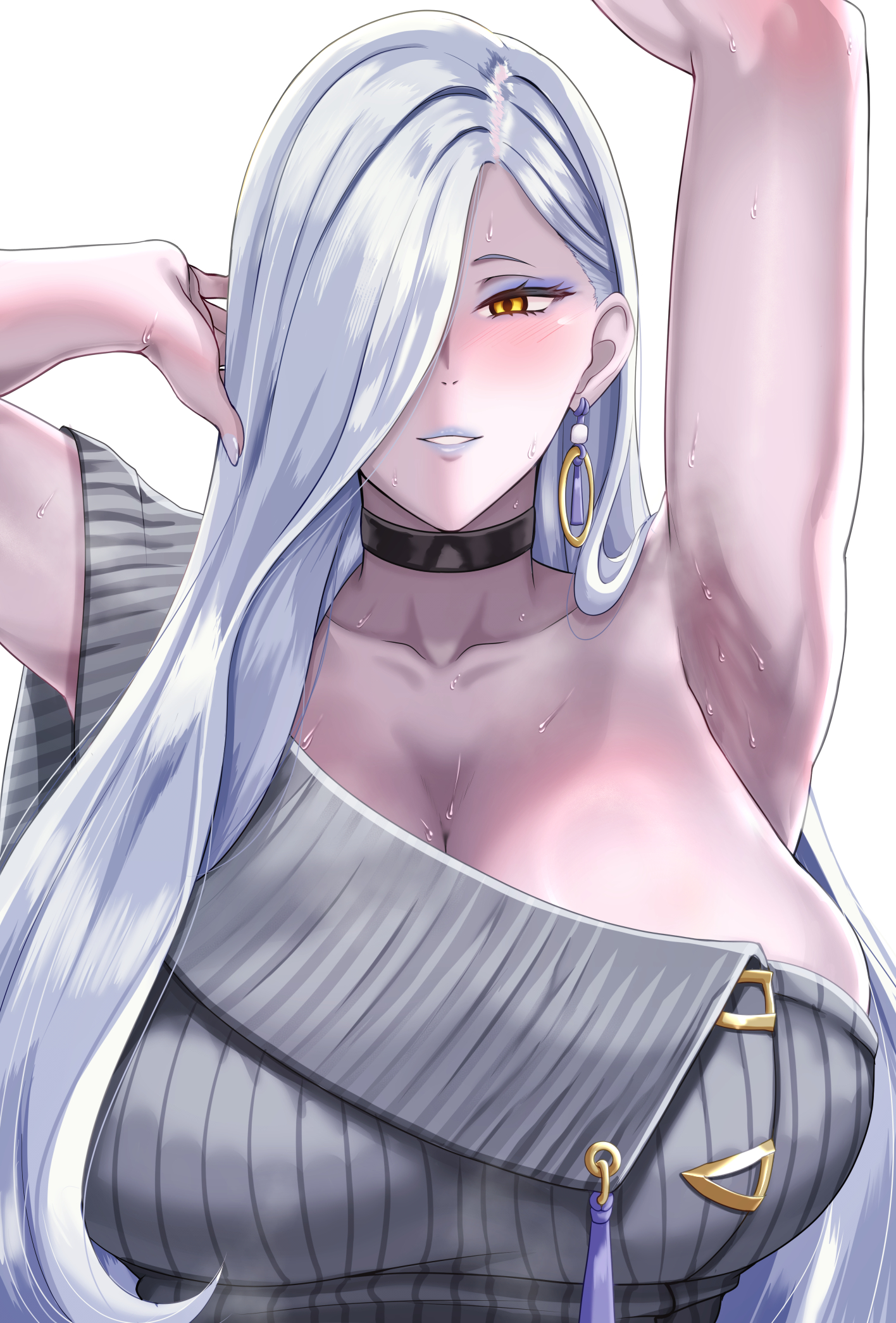 1girls, alternate version available, arm up, armpits, big breasts, blue eyeshadow, blue lips, blue lipstick, breast focus, breasts, choker, cleavage, clothing, ear piercing, earrings, eyeshadow, fate (series), female, female only, grey sweater, hair, hair over one eye, hebinyobo (second ascension), hoop earrings, huge breasts, light blue hair, lips, lipstick, long hair, mature, mature female, mature woman, nail polish, nails, neckwear, omi-san (fate), scaith, solo, solo female, sweat, sweatdrop, sweater, sweaty, sweaty armpits, sweaty body, upper body, upper body focus, white nail polish, white nails, yellow eyes
