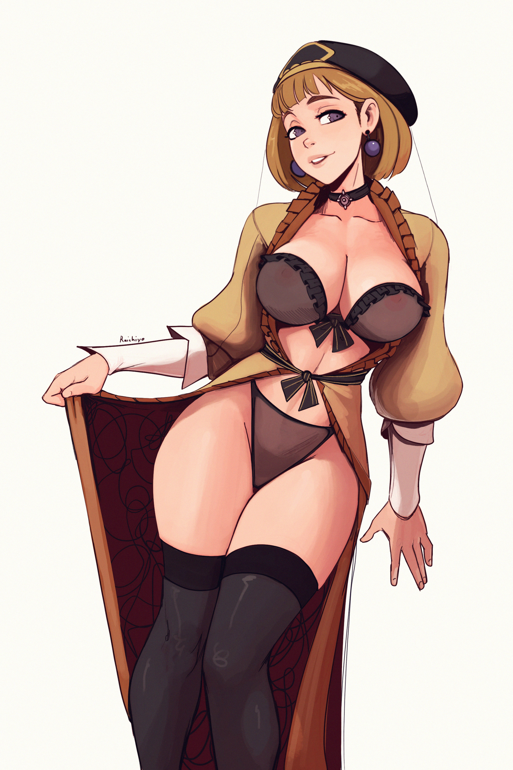 1girls, blonde hair, blue eyes, breasts, choker, earrings, female, fire emblem, fire emblem: three houses, hat, highres, large breasts, lingerie, lingerie bra, lingerie panties, looking at viewer, mercedes von martritz, nintendo, nipples, nipples visible through clothing, open mouth, open robe, raichiyo33, short hair, simple background, smile, smiling at viewer, solo, thick thighs, thighhighs, thighs, white background