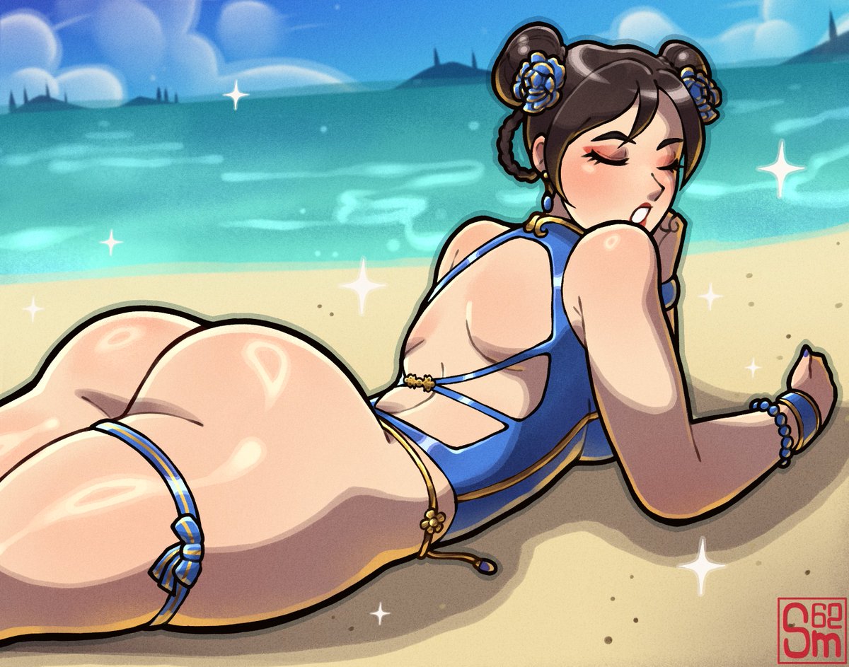 alternate costume, ass, back, back cutout, bare shoulders, beach, blue one-piece swimsuit, bracelet, breasts, brown hair, capcom, chun-li, closed eyes, clothing cutout, curvy, double bun, earrings, female, female only, flower, hair bun, hair flower, hair ornament, highleg, highleg one-piece swimsuit, huge ass, jewelry, lying, official alternate costume, on stomach, one-piece swimsuit, open mouth, samario, shiny skin, sky, smile, solo, street fighter, street fighter 6, sunbathing, swimsuit, thick thighs, thighs, thong one-piece swimsuit, wide hips