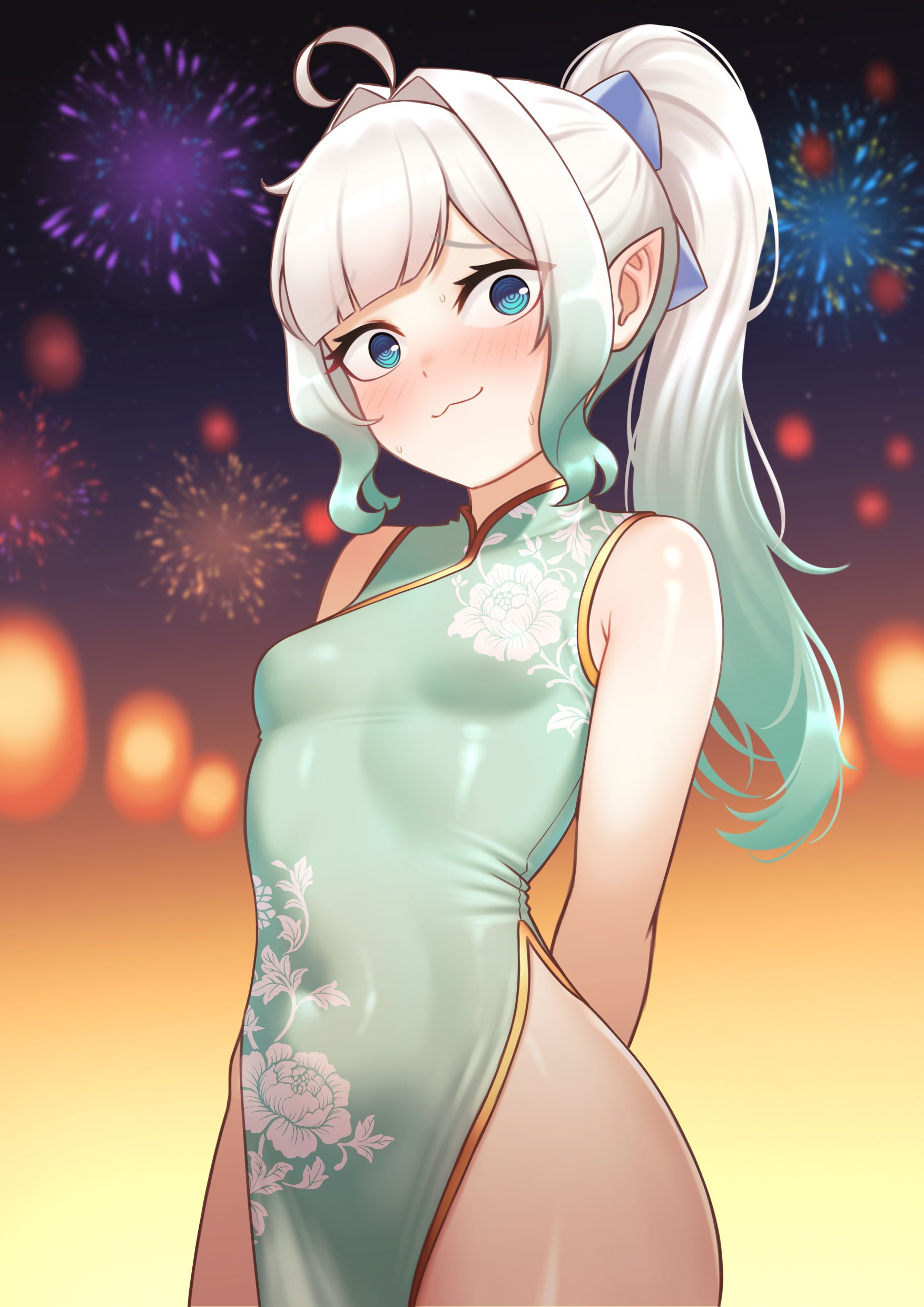 @ @, 1girls, absurdres, ahoge, arms behind back, blue eyes, breasts, china dress, chinese clothes, cipher4109, densetsu.exe, dress, female, fireworks, gradient hair, green dress, green hair, heart, highres, hip focus, hips, mint fantome, multicolored hair, pointy ears, ponytail, qipao, sidelocks, small breasts, tight clothes, virtual youtuber, vtuber, white hair, wide-eyed