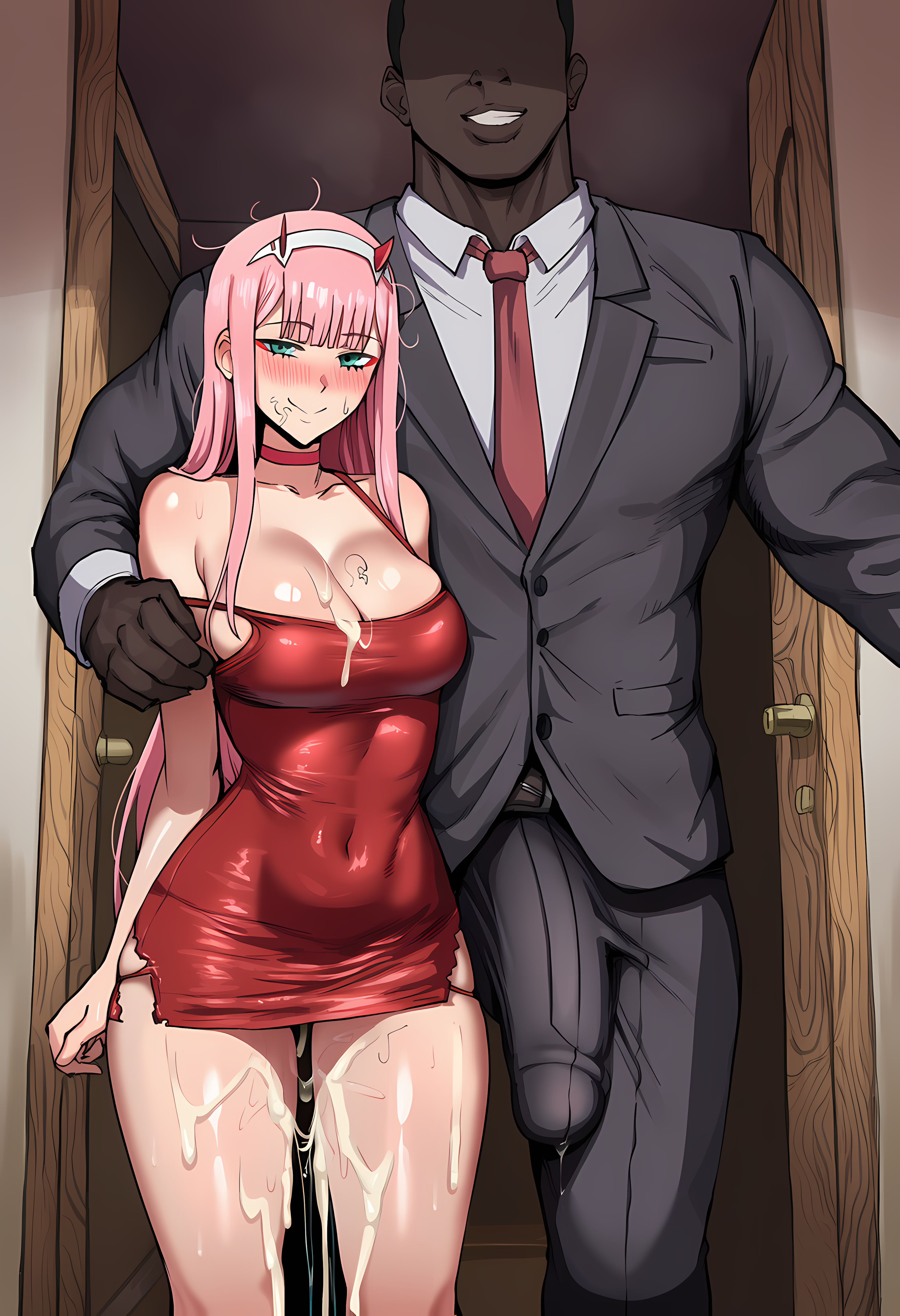 1boy, after paizuri, after sex, ai generated, aqua eyes, bare shoulders, blush, breasts, bulge, choker, cleavage, closed mouth, collarbone, covered navel, cuckold, cum, cum on body, cum on breasts, cum on clothes, cumdrip, dark skin, dark-skinned male, door, dress, erection, erection under clothes, faceless, faceless male, facial, female, formal, green eyes, grin, hairband, hand on another's shoulder, height difference, horns, interracial, large breasts, long hair, looking at viewer, necktie, netorare, open door, pants, pencil dress, pink hair, red choker, red dress, red horns, red necktie, shirt, short dress, sleeveless, sleeveless dress, smile, standing, straight, straight hair, strap slip, stray pubic hair, suit, sweat, white hairband, white shirt, zero two (darling in the franxx), zeulzin