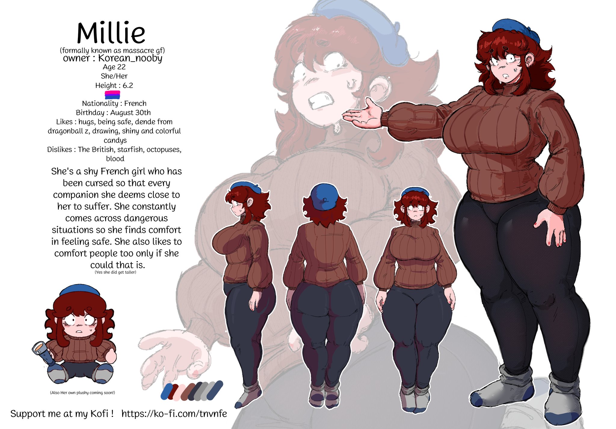 1girls, ass, ass focus, auburn hair, back view, bbw, big ass, big butt, biography, bisexual flag, bisexual pride colors, blush, bottom heavy, character sheet, chubby, chubby belly, chubby female, dumb girl, fat ass, female, female focus, french, friday night funkin, friday night funkin mod, front view, girlfriend (friday night funkin), huge ass, huge butt, korean nooby (artist), massacre girlfriend (friday night funkin), millie (mistful crimson morning), mistful crimson morning, musk, musk clouds, nervous sweat, oc, reference image, side view, solo, solo female, tall female, thick ass, thick thighs, thunder thighs, tight clothing, voluptuous, voluptuous female, warm, wide hips