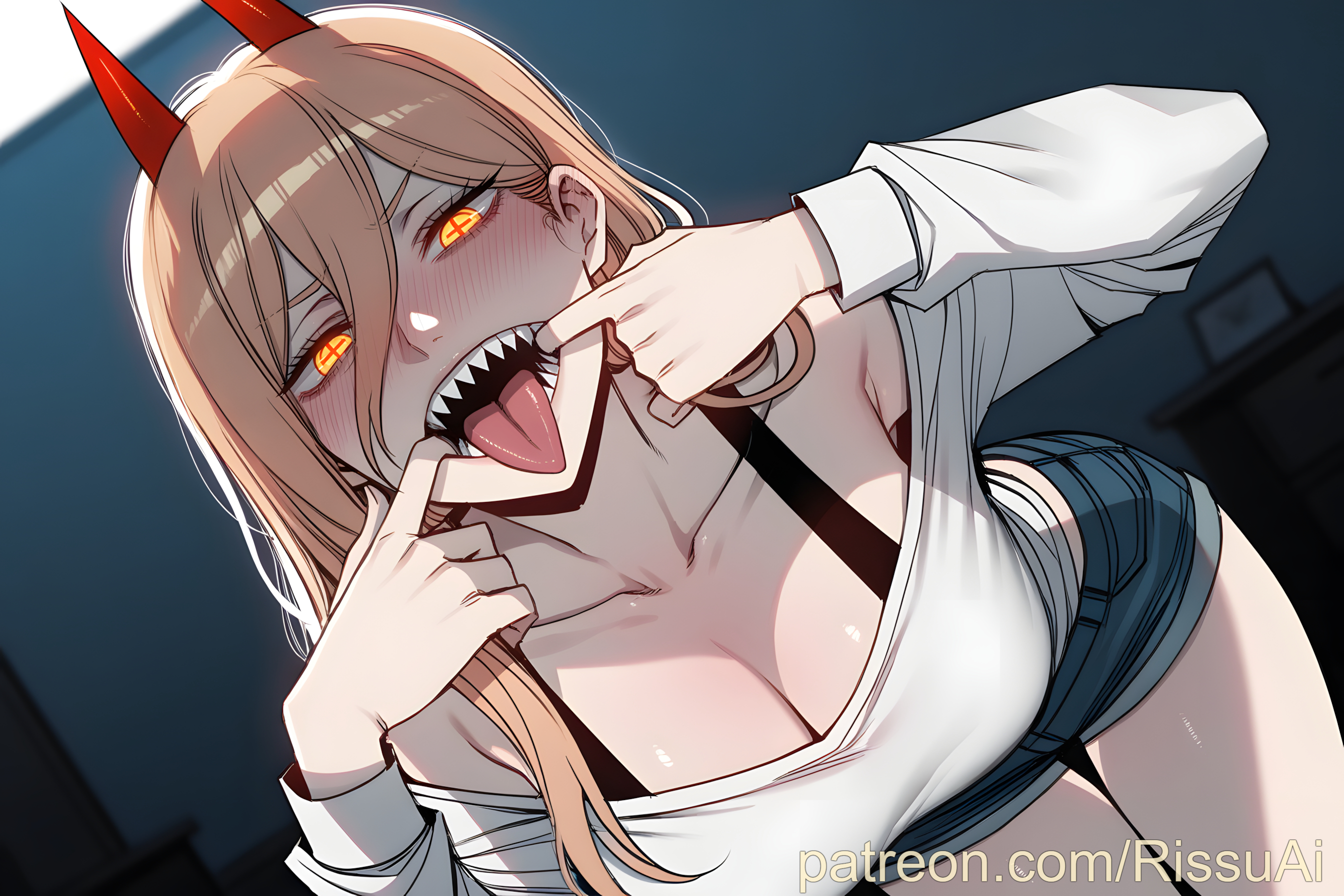 1girls, 2026, ai generated, bending over, blonde hair, blush, chainsaw man, day, daytime, demon, demon girl, demon horns, denim, denim shorts, female, female only, hair between eyes, hand on mouth, indoors, inside, long sleeves, looking at viewer, open mouth, power (chainsaw man), red horns, rissuai, room, sharp teeth, short shorts, showing teeth, tongue out, white shirt, yellow eyes