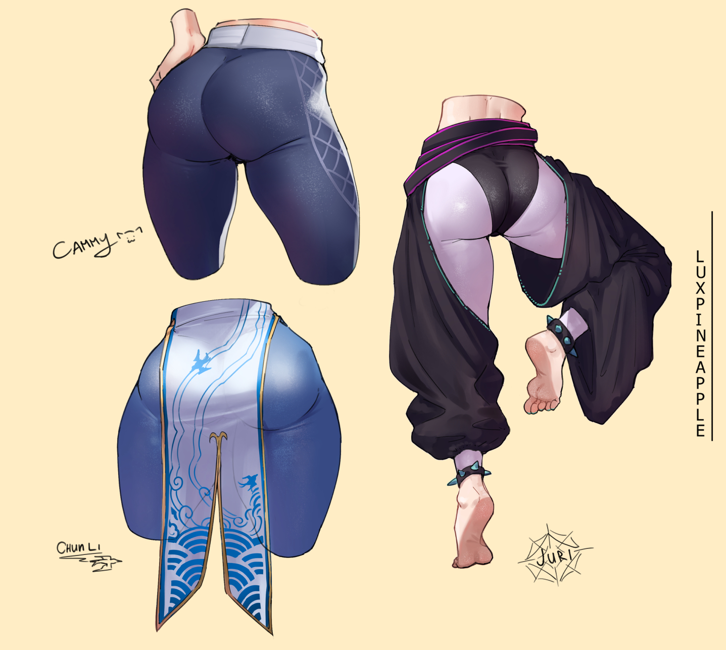 3girls, ass, ass focus, back, cammy white, cammy white (street fighter 6), capcom, chun-li, chun-li (street fighter 6), female, female only, from behind, highres, huge ass, juri han, lower body, luxpineapple, multiple girls, street fighter, street fighter 6, thick thighs, thighs