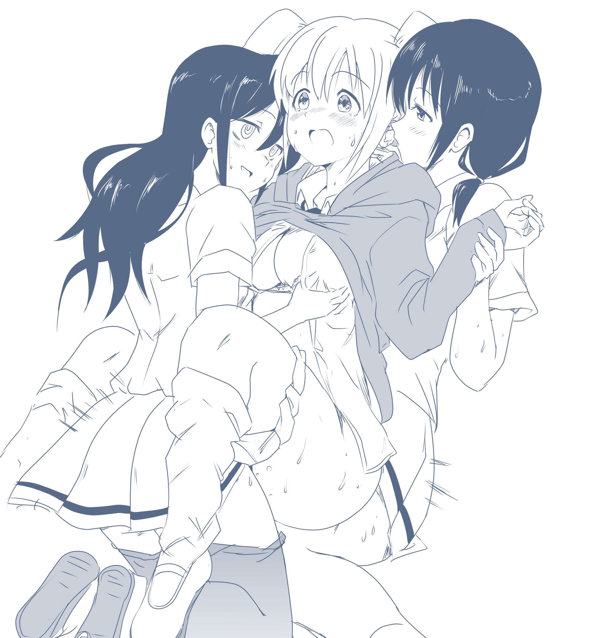 black hair, blush, breast grab, breasts, clothed sex, clothing, futanari, implied futa, implied sex, intersex, kuroki tomoko, long hair, monochrome, nemoto hina, panty pull, short twintails, sketch, skirt, sweat, tamura yuri, threesome, watashi ga motenai no wa dou kangaetemo omaera ga warui!