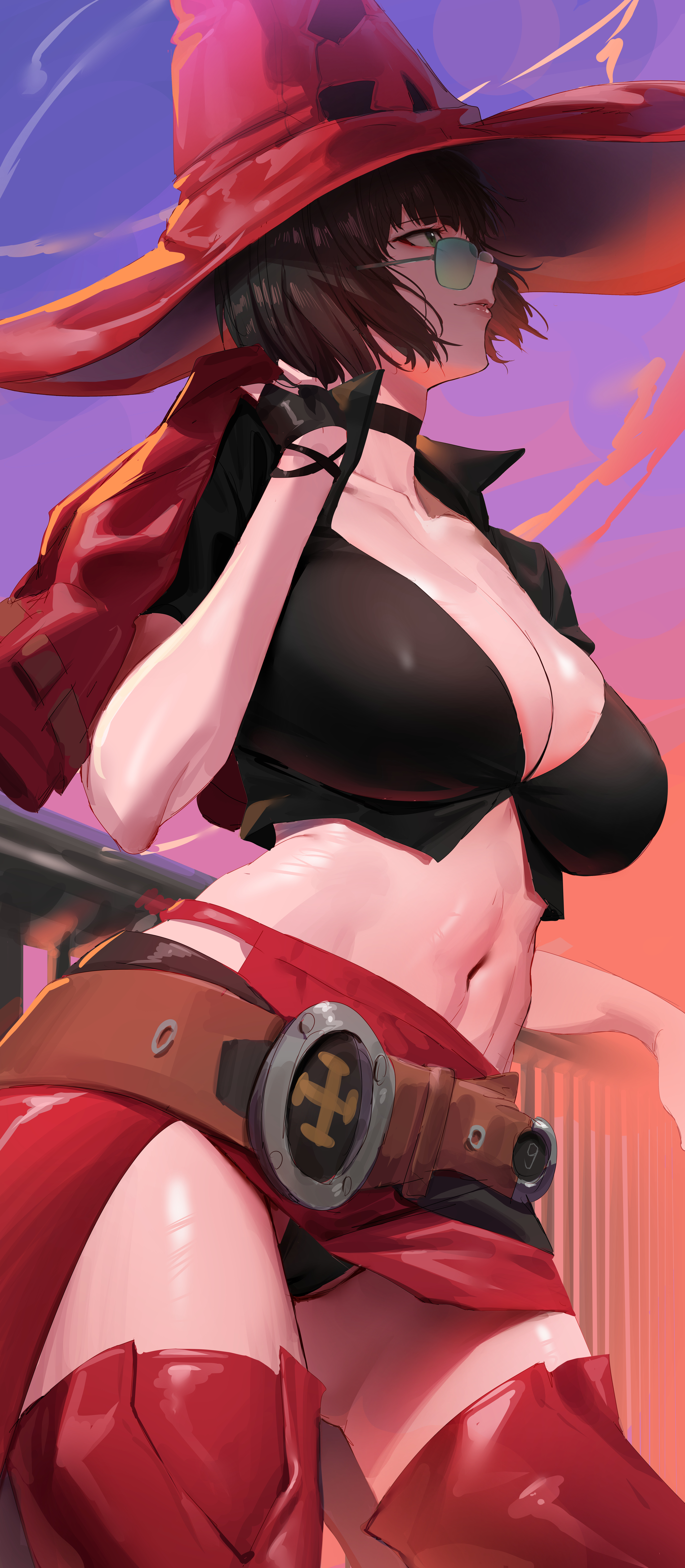 absurdres, belt, black hair, black panties, black shirt, breasts, choker, cleavage, collarbone, crop top, female, female only, gradient sky, green eyes, green-tinted eyewear, guilty gear, guilty gear strive, hat, highres, i-no, jacket, large breasts, looking over eyewear, looking over sunglasses, looking up, midriff, navel, panties, purple sky, red hat, red jacket, red thighhighs, rororo, shirt, short hair, short sleeves, sky, smile, solo, sunglasses, thighhighs, thighs, tinted eyewear, underwear, unworn jacket, witch hat
