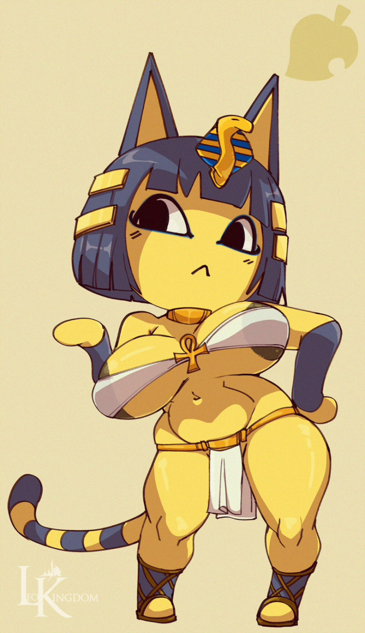 :< animal_crossing ankha anthro areola big_breasts blue_hair breasts clothing curvy_figure dark_nipples egyptian felid feline felis female fur furry furry_only hi_res jewelry large_breasts leokingdom loincloth navel nintendo simple_background solo standing tail thick_thighs thighs video_games wide_hips yellow_fur