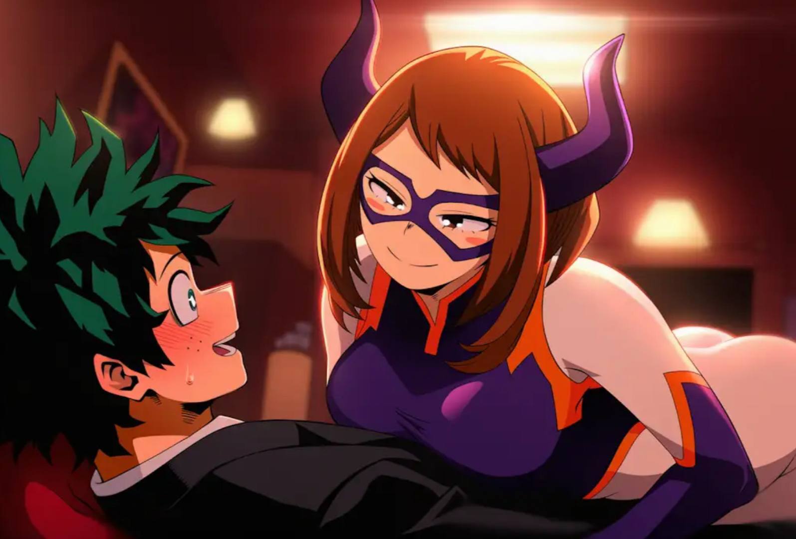 1boy, 1boy1girl, 1girls, artist request, ass, black suit, blurry background, blush, blush stickers, bodysuit, boku no hero academia, boku no hero academia (finale), breast press, breasts, canon couple, closed mouth, cosplay, couple, eyemask, fake horns, freckles, green eyes, green hair, happy, horns, indoors, izuku midoriya, izuocha, large breasts, midoriya izuku, mount lady (cosplay), multicolored bodysuit, my hero academia, my hero academia (finale), ochaco uraraka, ochako uraraka, open mouth, orange bodysuit, purple bodysuit, short hair, sidelocks, skin tight, smile, straight, suit jacket, superhero costume, superheroine, superheroine costume, sweatdrop, teeth, uraraka ochaco, uraraka ochako, white bodysuit