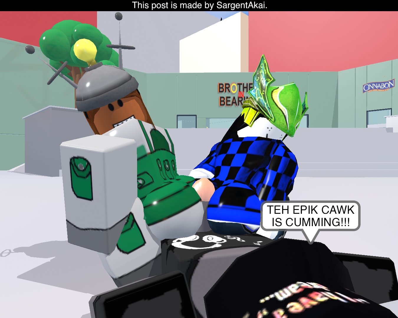 1boy, 1zoneb18, 2026, 2girls, 3d, artist name, assjob, black cap, black hair, black hairband, black shirt, black sleeves, black-haired female, blue hoodie, blue jeans, blue pants, blue sleeves, braces, brown hair, brown skin, brown-haired female, brown-skinned female, cap, chat bubble, checkered clothing, checkered hoodie, cinnabon (brand), clothed, clothed female, clothed male, dialogue, double assjob, english text, female, fully clothed, fully clothed female, fully clothed male, funny text, gloves, green helmet, green vest, grey gloves, grey hat, grey pants, grey shoes, grey skin, grey sleeves, grey-skinned male, hairband, hat, helmet, heyits aaron, hoodie, jeans, livvyburger555, long hair, long sleeves, looking at partner, looking back, male, male/female/female, mmf threesome, outdoor sex, outdoors, outercourse, pants, penis, penis between ass, penis out, retro artstyle, roblox, roblox avatar, robloxian, sargentakai, shoes, short sleeves, sleeves, smile, straight, style emulation, style imitation, style parody, t-shirt, teeth, teeth showing, text, text on hat, threesome, tree, vest, white skin, white-skinned female