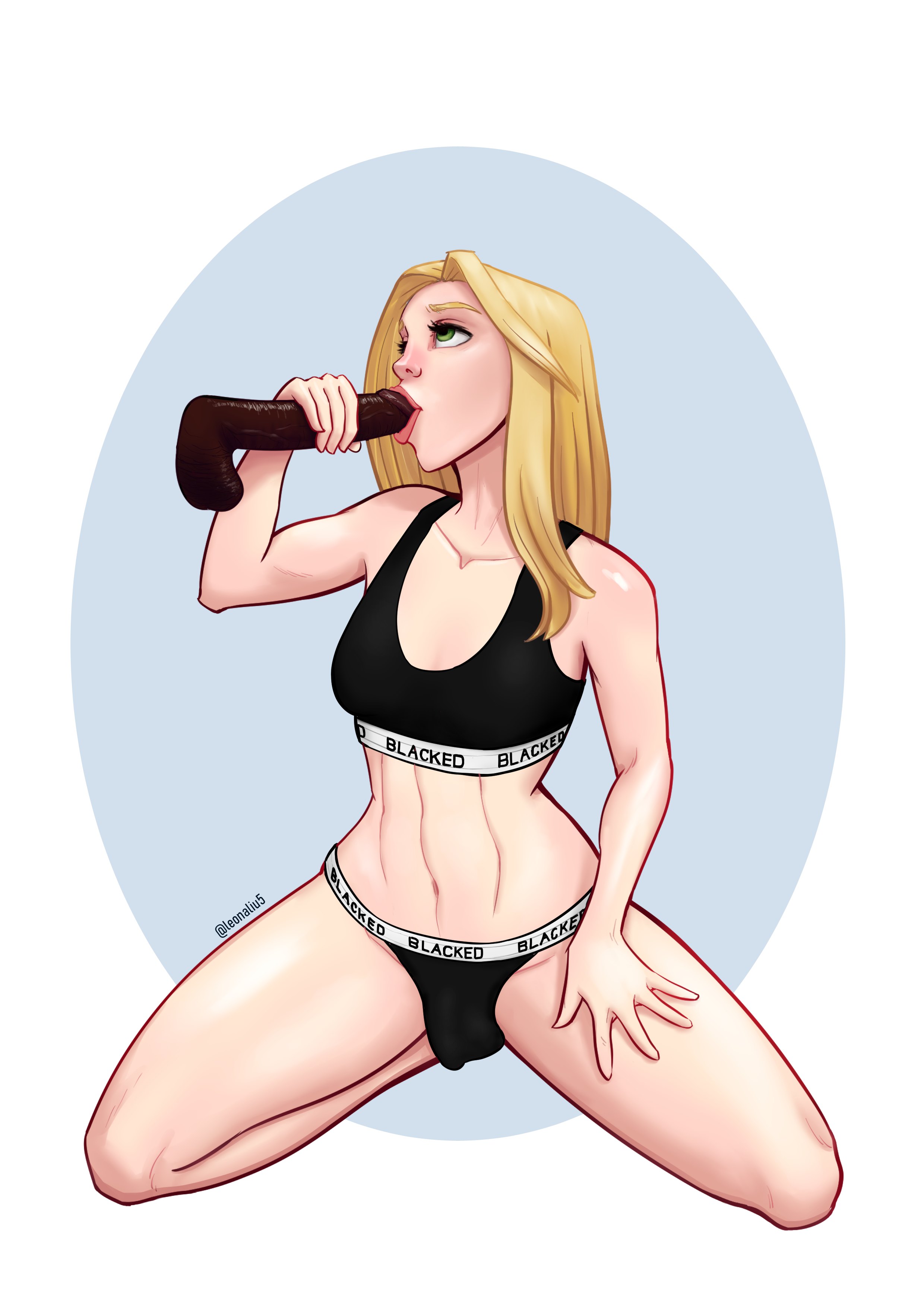 big penis, blacked, blacked clothing, blonde hair, blowjob, dark skin, dark-skinned male, dickgirl, fellatio, futa only, futa sans pussy, futanari, green eyes, interracial, intersex, leonaliu5, male, oral, panty bulge, partial male, penis