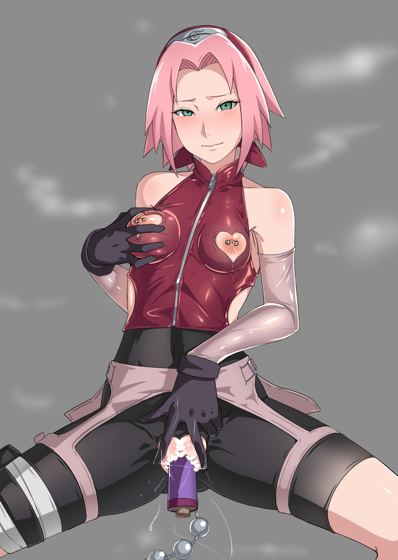 1girls, anal beads, anal insertion, anal masturbation, areolae, armwear, bare shoulders, bike shorts, blush, breast cutout, breast squeeze, breasts, breasts out, clothed, clothing, elbow gloves, female, female focus, female only, fully clothed, gloves, gozaru, green eyes, hand on breast, headband, heart cutout, jacket, large areolae, legs, light skin, light-skinned female, looking at viewer, masturbation, medium hair, naruto, naruto (series), naruto shippuden, naughty face, nipple cutout, nipple piercing, nipples, no bra, pale skin, pale-skinned female, perky breasts, pierced nipples, piercing, piercings, pink hair, pink nipples, pussy, pussy ejaculation, pussy juice, pussy juice drip, pussy juice string, revealing clothes, ripped clothing, ripped pants, sakura haruno, seductive, seductive look, sex toy, sex toys, shorts, shoulder length hair, sitting, skirt, sleeveless shirt, sleeves, small breasts, smaller male, solo, solo female, solo focus, spread legs, spread pussy, spreading, teenager, thighs, vaginal insertion, vaginal masturbation, vaginal object insertion, vaginal penetration, voluptuous, zipper