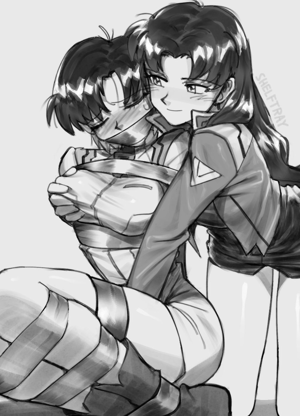 2026, 2girls, ankles tied, arms behind back, arms tied, arms tied behind back, artist name, ass, black and white, blush, bondage, bound, bound arms, bound legs, breast bondage, breast grab, breast squish, breasts, closed eyes, clothed, clothed female, clothing, dominant, dominant female, domination, dress, duo, female, female only, female/female, femdom, femsub, fingering, front view, fully clothed, gag, gagged, grabbing, grabbing another's breast, grabbing breasts, grabbing from behind, greyscale, hair, hand between legs, human, human only, kneeling, legs tied, legs together, light skin, light-skinned female, long hair, looking at partner, maya ibuki, medium breasts, medium hair, misato katsuragi, monochrome, multiple girls, neon genesis evangelion, nipple bulge, nipple pinch, nipple tweak, parted bangs, pencil skirt, restrained, shelftray, simple background, sitting, skindentation, skirt, smile, smiling, submissive, submissive female, sweat, sweatdrop, sweating, tape, tape bondage, tape gag, taped arms, taped legs, taped mouth, thighs, uniform, white background, yuri