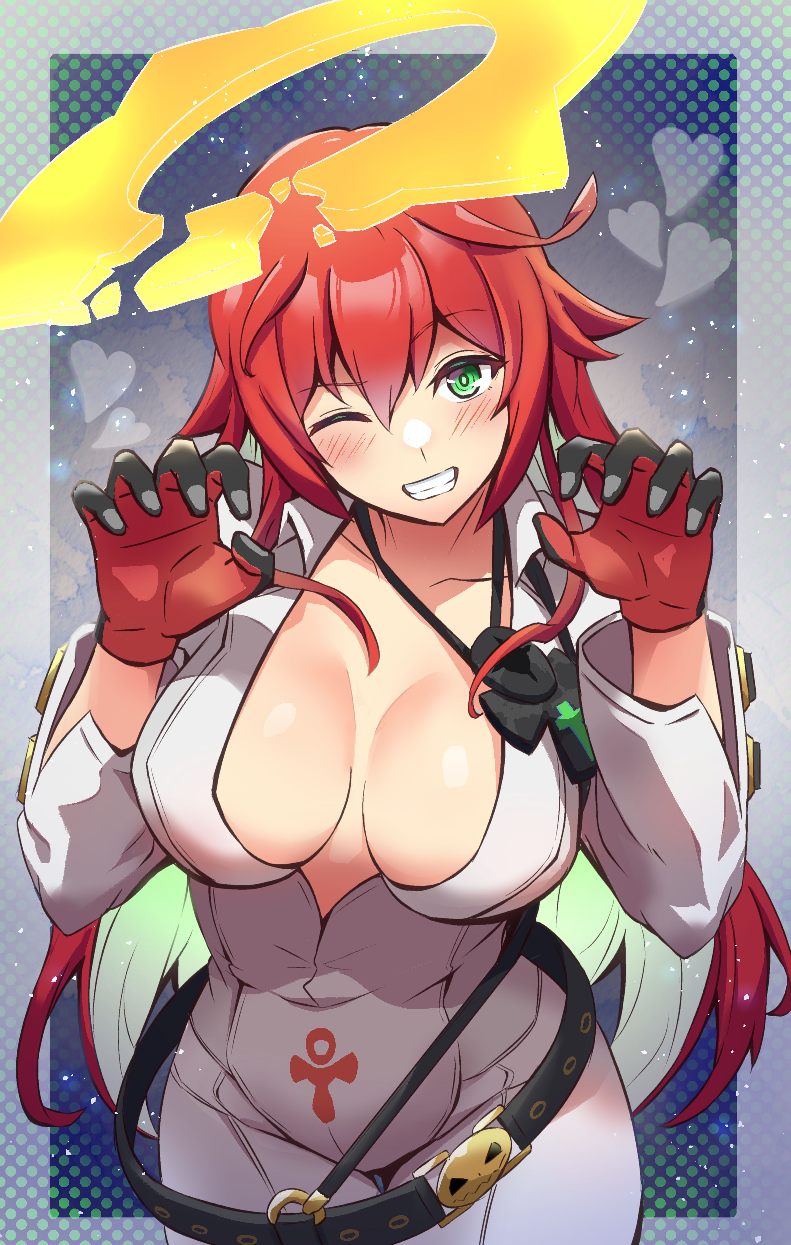 1girls, absurdres, black gloves, blush, bodysuit, breasts, broken halo, claw pose, cleavage, collarbone, female, female only, gloves, green eyes, guilty gear, guilty gear strive, halo, hashihiro ko, heart, highres, jack-o' valentine, large breasts, long hair, looking at viewer, one eye closed, red gloves, red hair, smile, solo, two-tone gloves, white bodysuit, yellow halo