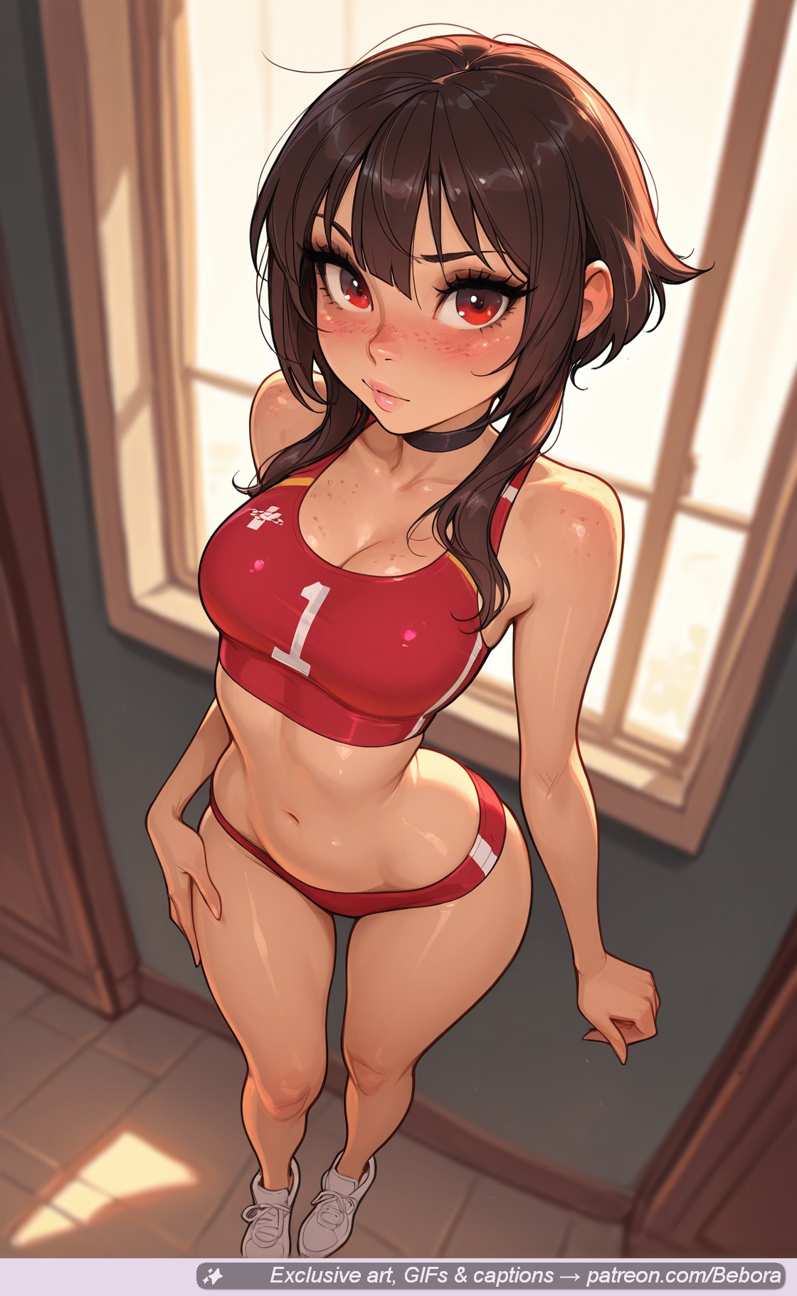 above, ai, ai assisted, ai generated, alternate, arms, at, bare, bebora, bikini, black, blurry, blush, body, bra, breast, breasts, brown, buruma, choker, cleavage, closed, collarbone, female, freckles, from, full, hair, indoors, konosuba, lips, long locks, looking, medium, megumin, mouth, navel, patreon, red, red eyes, shoes, short, short hair, shoulders, sidelocks, size, sneakers, solo, sports, standing, stomach, tan, viewer