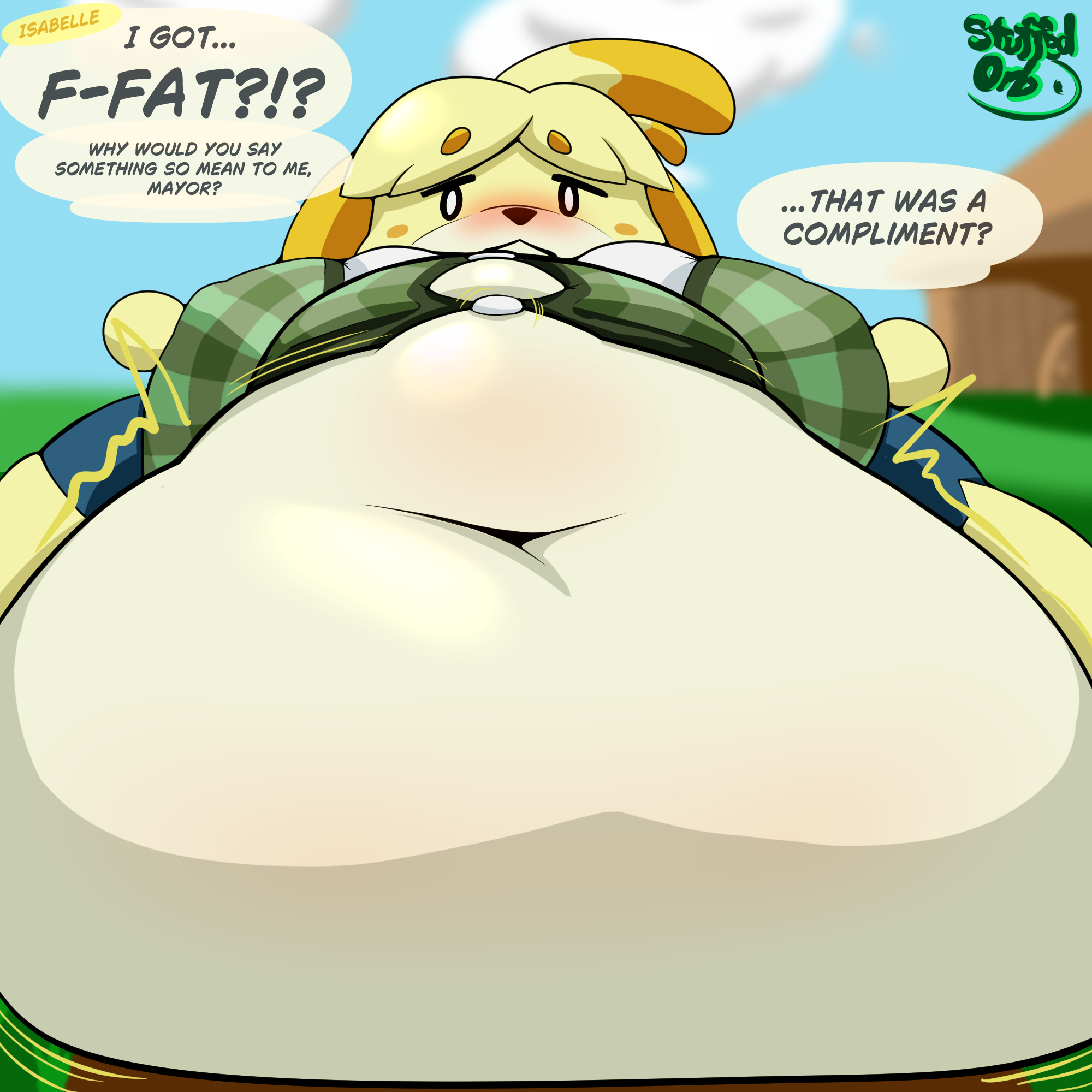 1girls, animal crossing, anthro, ass, belly, belly on ground, big belly, blonde hair, breasts, canine, canine humanoid, english text, fat, female, female focus, female only, furry, hips, hyper, hyper ass, hyper breasts, immobile, immobilization, isabelle (animal crossing), large ass, large belly, large breasts, nintendo, obese, obese female, overweight, overweight female, skirt, stomach, stuffedorb, text, thick thighs, thighs, wardrobe malfunction, weight gain, wide hips, yellow fur