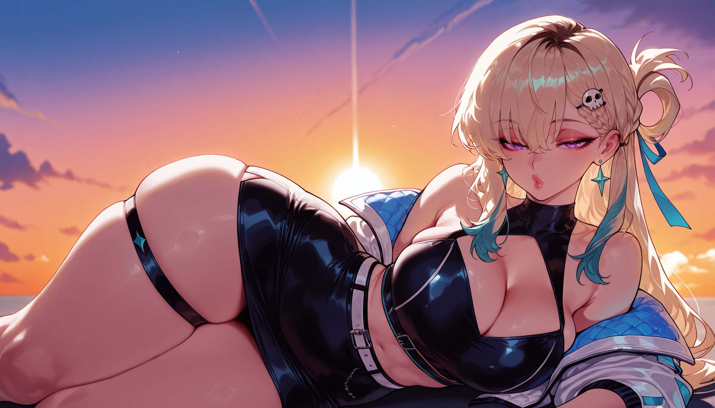 1girls, ai generated, armpit crease, balecxi, bare shoulders, belt, black skirt, blonde hair, blue hair, blue ribbon, blush, braid, breasts, cleavage, cleavage cutout, clothing, clothing cutout, cloud, colored tips, crop top, curvaceous, curvaceous female, curvaceous figure, curvy, curvy figure, earrings, female, female focus, female only, french braid, gradient hair, gradient sky, gyaru, hair between eyes, hair ornament, hair ribbon, half updo, half-closed eyes, jacket, jewelry, large breasts, latex, lips, long hair, long sleeves, looking at viewer, lying, lynae (wuthering waves), makeup, midriff, miniskirt, mole, multicolored clothes, multicolored hair, navel, off shoulder, on side, open clothes, open jacket, orange sky, outdoors, pencil skirt, puckered lips, purple eyes, pursed lips, ribbon, skindentation, skirt, skull hair ornament, sky, sleeveless, solo, sun, sunrise, sunset, thick thighs, thigh strap, thighs, two-tone hair, voluptuous, voluptuous female, white belt, white jacket, wide hips, wuthering waves