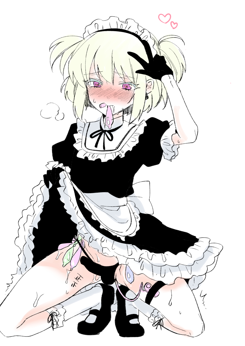 1boy, blush, condom, condom in mouth, crossdressing, cum, cum in mouth, embarrassed, femboy only, heart-shaped pupils, lifting skirt, lio fotia, maid, maid apron, maid headdress, maid outfit, maid uniform, petite, petite body, petite male, promare, sex toy, skirt lift, slim, slim male, slim waist, solo, twintails, used condom, v sign, vibrator