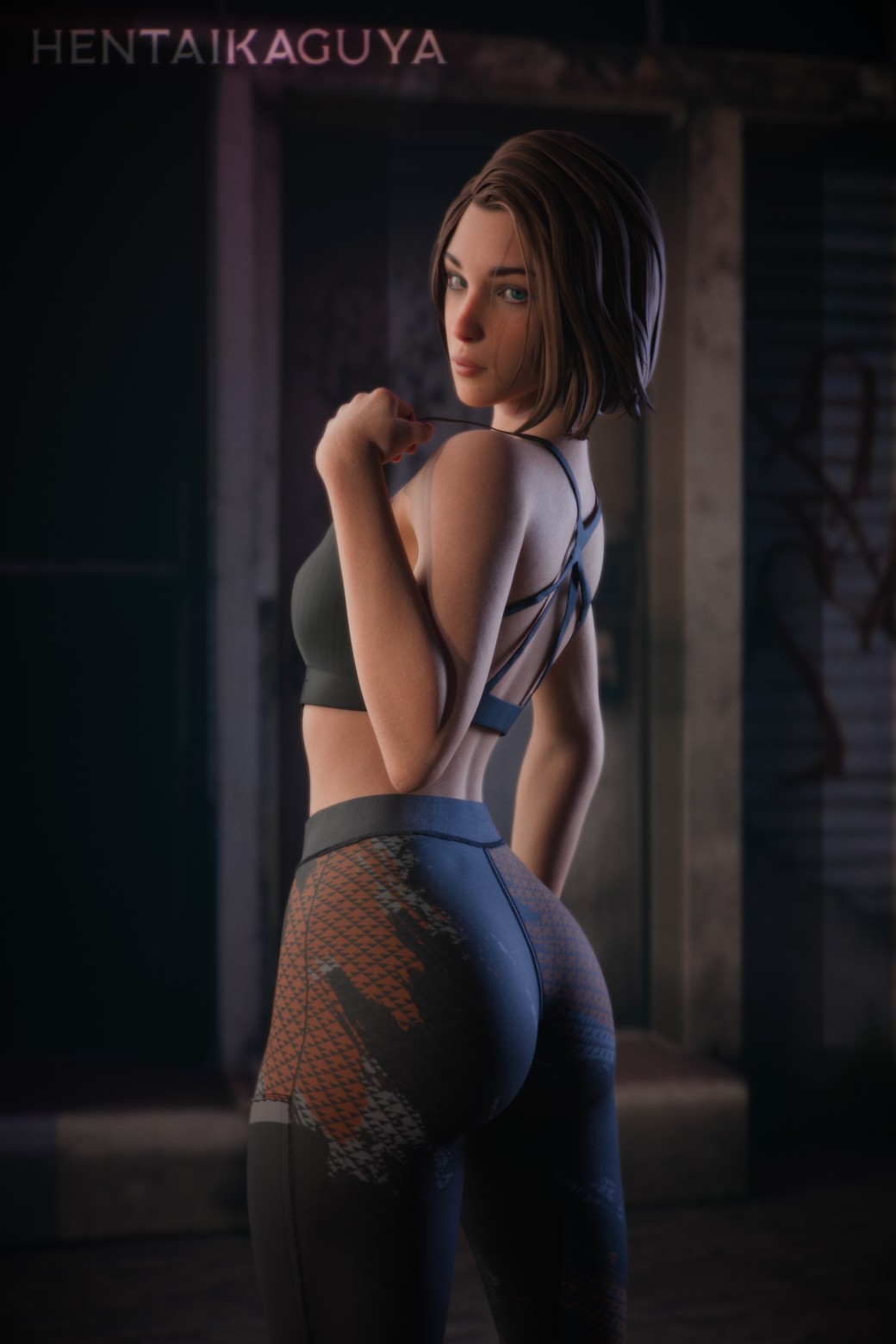 1girls, 2026, 3d, alternate version available, ass, back alley, blue eyes, breasts, brown hair, clothed, clothed female, eyeshadow, female, female only, hentaikaguya, image set, legs apart, life is strange, life is strange: double exposure, light makeup, lipstick, looking at viewer, looking over shoulder, max caulfield, max caulfield (double exposure), maxine caulfield, medium ass, medium breasts, medium hair, nude version available, outdoors, rear view, solo, sports bra, sports pants, sportswear, tight pants, yoga pants
