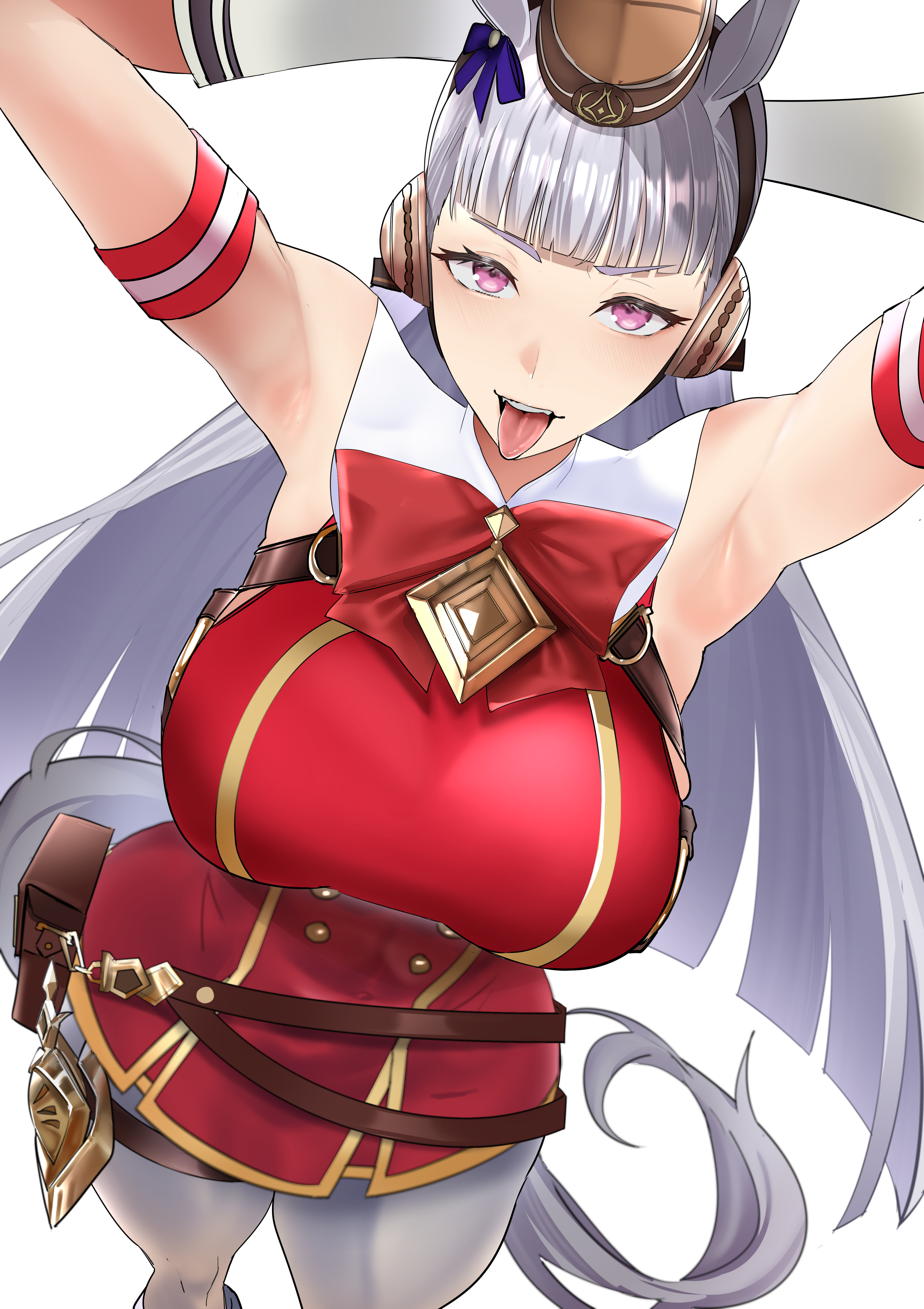 1girls, absurdres, animal ears, armband, armpits, bare shoulders, blunt bangs, bow, bowtie, breasts, brown hat, commentary request, dress, ear bow, female, female only, gloves, gold ship (red strife) (umamusume), gold ship (umamusume), grey hair, hat, highres, horse ears, horse girl, horse tail, jitome no tsugumi, large breasts, long hair, looking at viewer, pantyhose, parted lips, pillbox hat, purple bow, purple eyes, red bow, red bowtie, red dress, sleeveless, sleeveless dress, smile, solo, striped armband, striped clothes, tail, teeth, tongue, tongue out, umamusume, upper teeth only, white gloves, white pantyhose