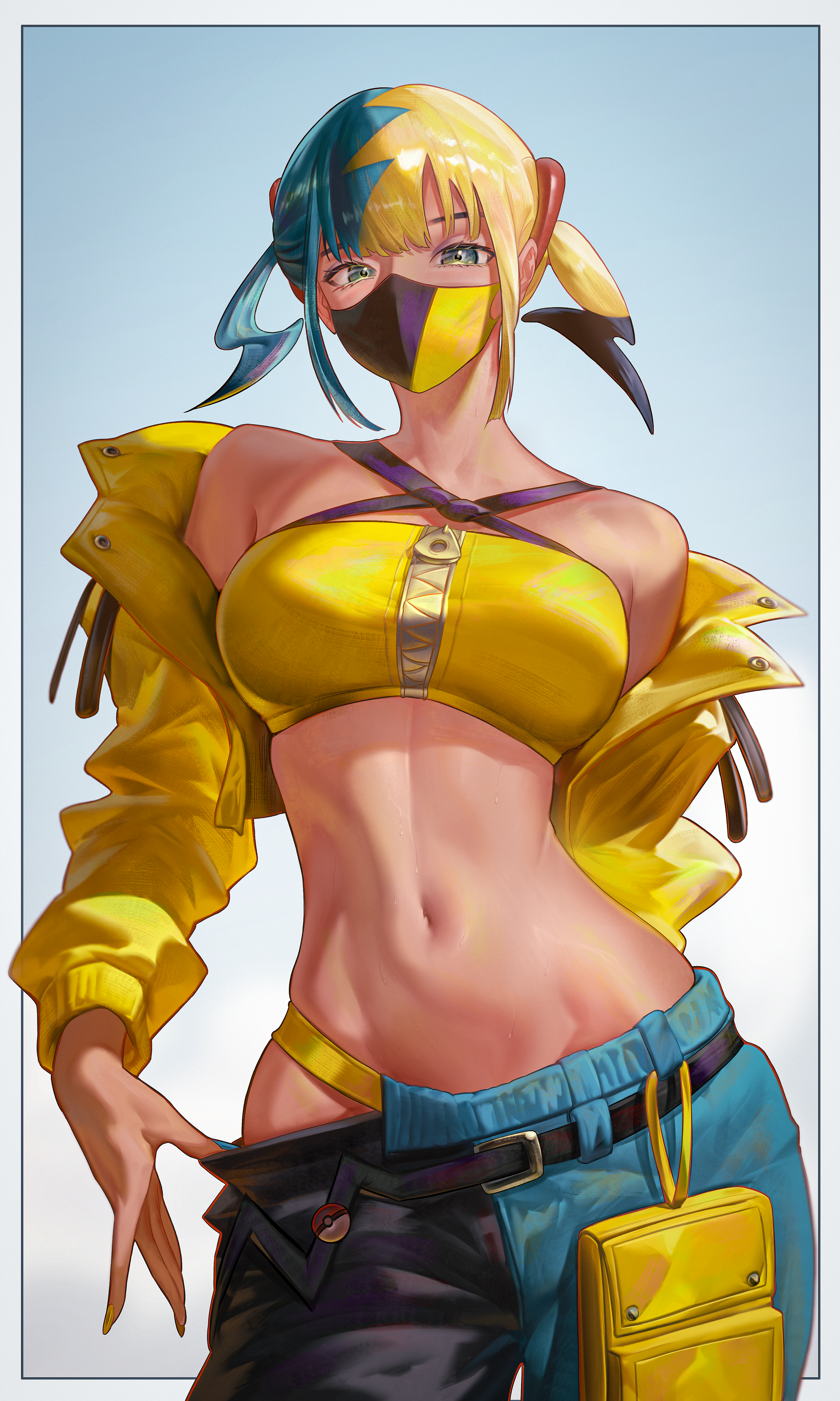 1girls, absurdres, aqua hair, arm behind back, badge, bandeau, bare shoulders, belt, black belt, black mask, blonde hair, blue eyes, blue hair, blue nails, blue-haired female, border, breasts, button badge, canari (pokemon), canary (pokemon), clothes pull, commentary, contrapposto, criss-cross straps, dark skin, dark-skinned female, female, female only, gradient background, hair between eyes, highres, jacket, long sleeves, looking at viewer, mask, mouth mask, multicolored hair, nail polish, navel, nintendo, off shoulder, pants, pants pull, pokemon, pokemon legends: z-a, short hair, short twintails, skindentation, solo, split-color clothes, split-color hair, stomach, sweat, the antin, toned, toned female, twintails, two-tone hair, two-tone mask, two-tone pants, white border, yellow bag, yellow bandeau, yellow jacket, yellow mask, yellow nails