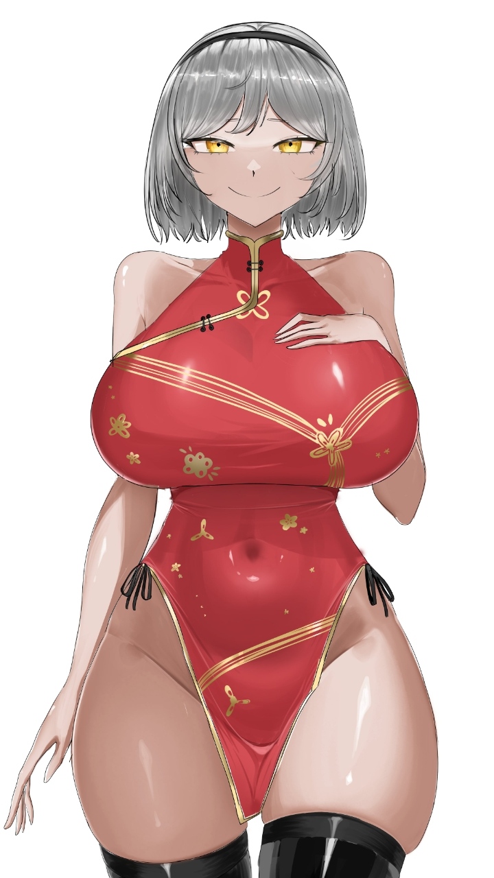 1girls, 2026, anime, anime style, asian clothing, big thighs, bob cut, cartoon, chinese clothes, chinese new year, clothed, curvaceous, curvy, female, female only, first1.01, glitch productions, grey hair, huge breasts, human, humanized, humanized robot, light skin, loincloth, looking at viewer, murder drones, navel visible through clothes, no ai, qipao, red clothing, red dress, slim waist, smile, solo, thick thighs, v (murder drones), western cartoon, wide hips