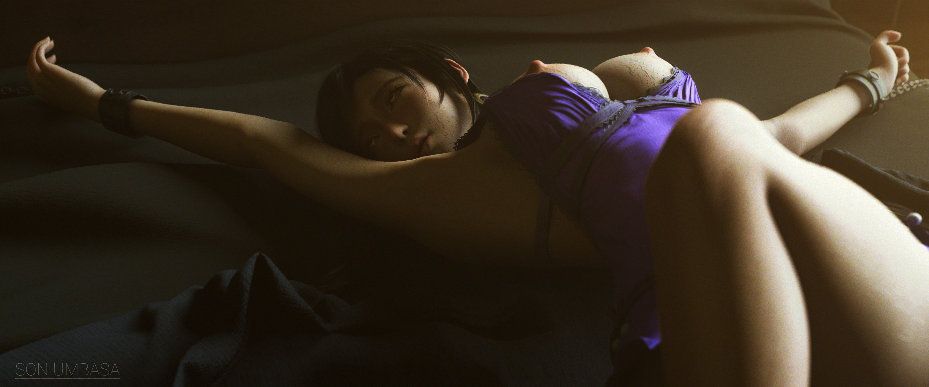 1girls, 2021, 3d, alternate costume, areolae, bed, breasts, breasts out, brown hair, chained, dress, earrings, female, female only, final fantasy, final fantasy vii, final fantasy vii remake, long hair, nipples, on back, restrained, solo, son umbasa, square enix, tifa lockhart, wet skin