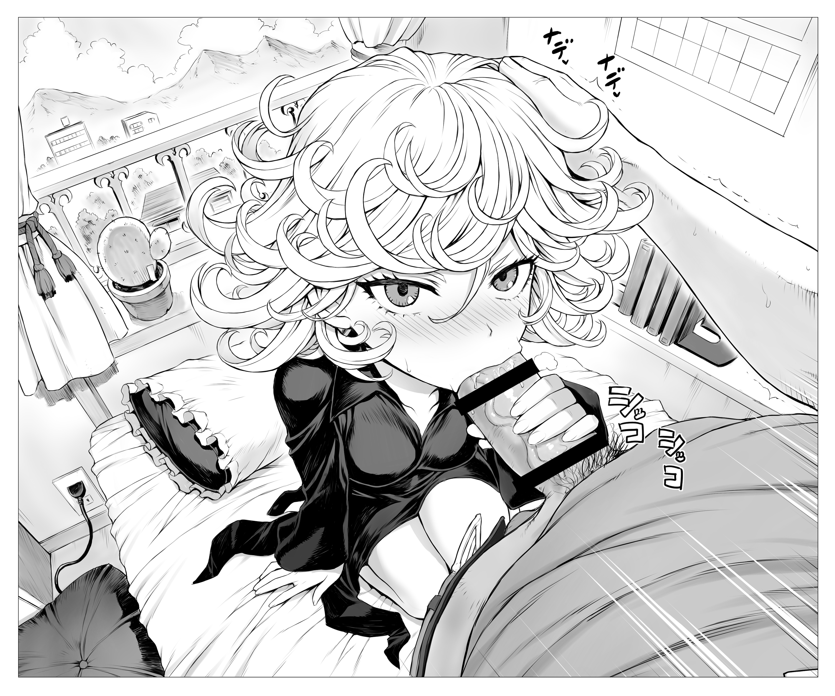 :>=, black dress, female, male, mogudan, monochrome, one-punch man, penis, tagme, tatsumaki