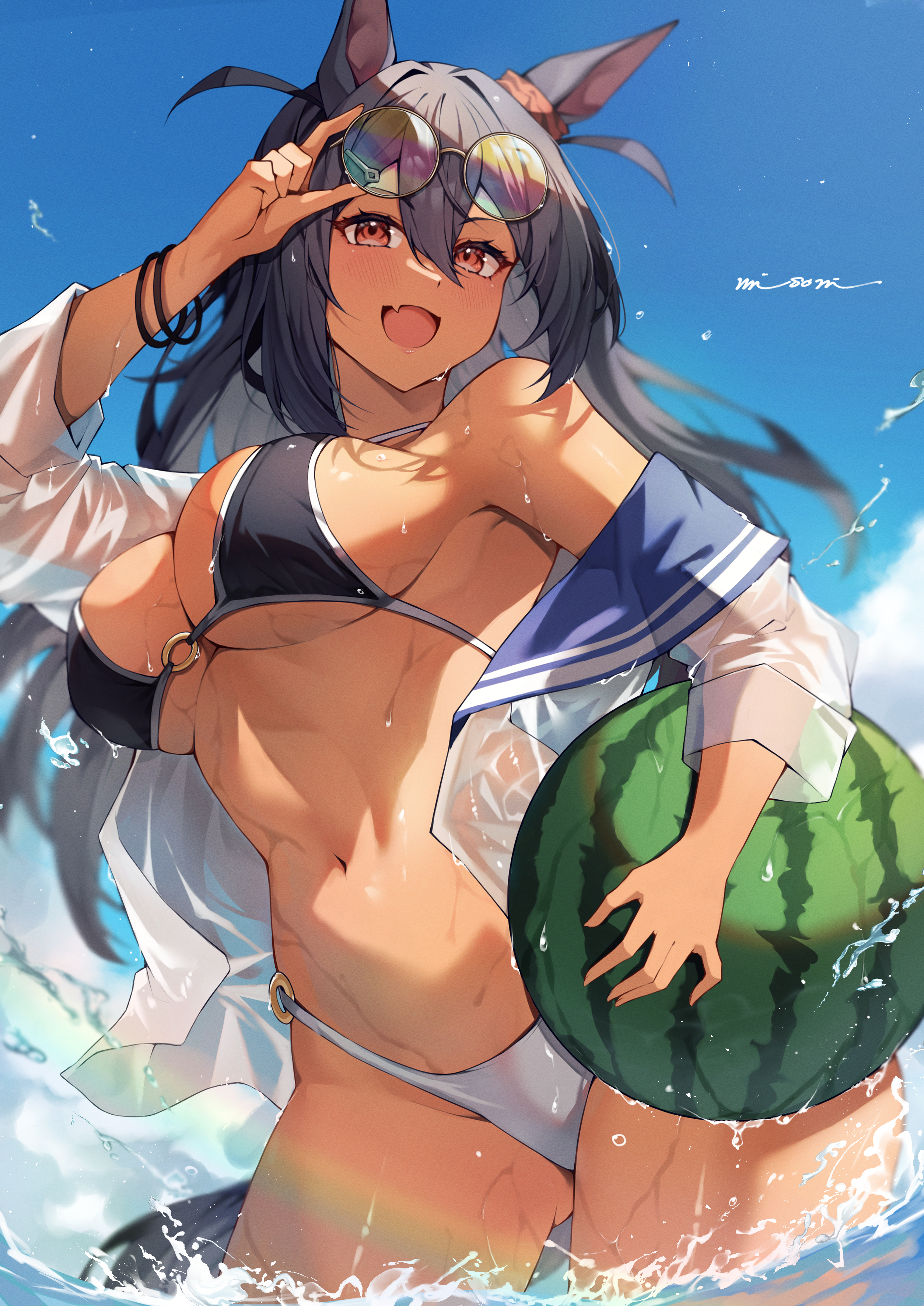 :d, 1girls, absurdres, adjusting eyewear, animal ears, bikini, black bikini, blue hair, blue sky, blush, bracelet, breasts, cleavage, dark blue hair, dark skin, dark-skinned female, ear ornament, ear scrunchie, female, female only, food, fruit, gluteal fold, hair between eyes, hair ornament, hairclip, hand up, highres, hishi amazon (umamusume), holding, holding food, holding fruit, horse ears, horse girl, horse tail, jewelry, large breasts, long hair, looking at viewer, misoni (mi so ni t), navel, o-ring, o-ring bikini, oerba yun fang, open clothes, open mouth, open shirt, outdoors, red eyes, red scrunchie, round eyewear, scrunchie, shirt, sky, sleeves rolled up, smile, solo, splashing, stomach, swimsuit, tail, thighs, umamusume, very long hair, water, watermelon, wet, wet clothes, wet shirt, white bikini, white shirt