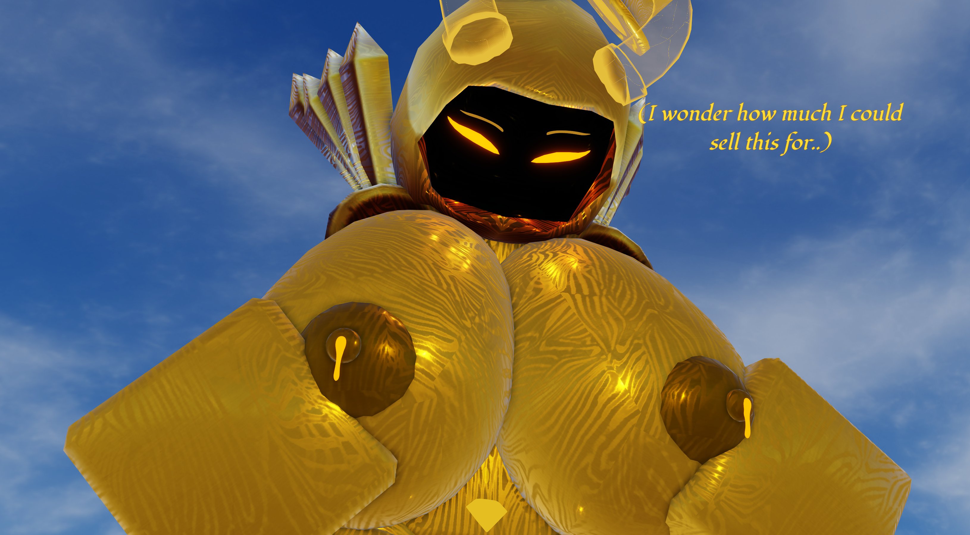 1girls, 3d, aurela (lampshaderr34), big breasts, breasts, dominus, english text, female, female only, goddess, gold (metal), gold eyes, lactating, lactation, lampshaderr34, nipples, nude, roblox, robloxian, tagme, text