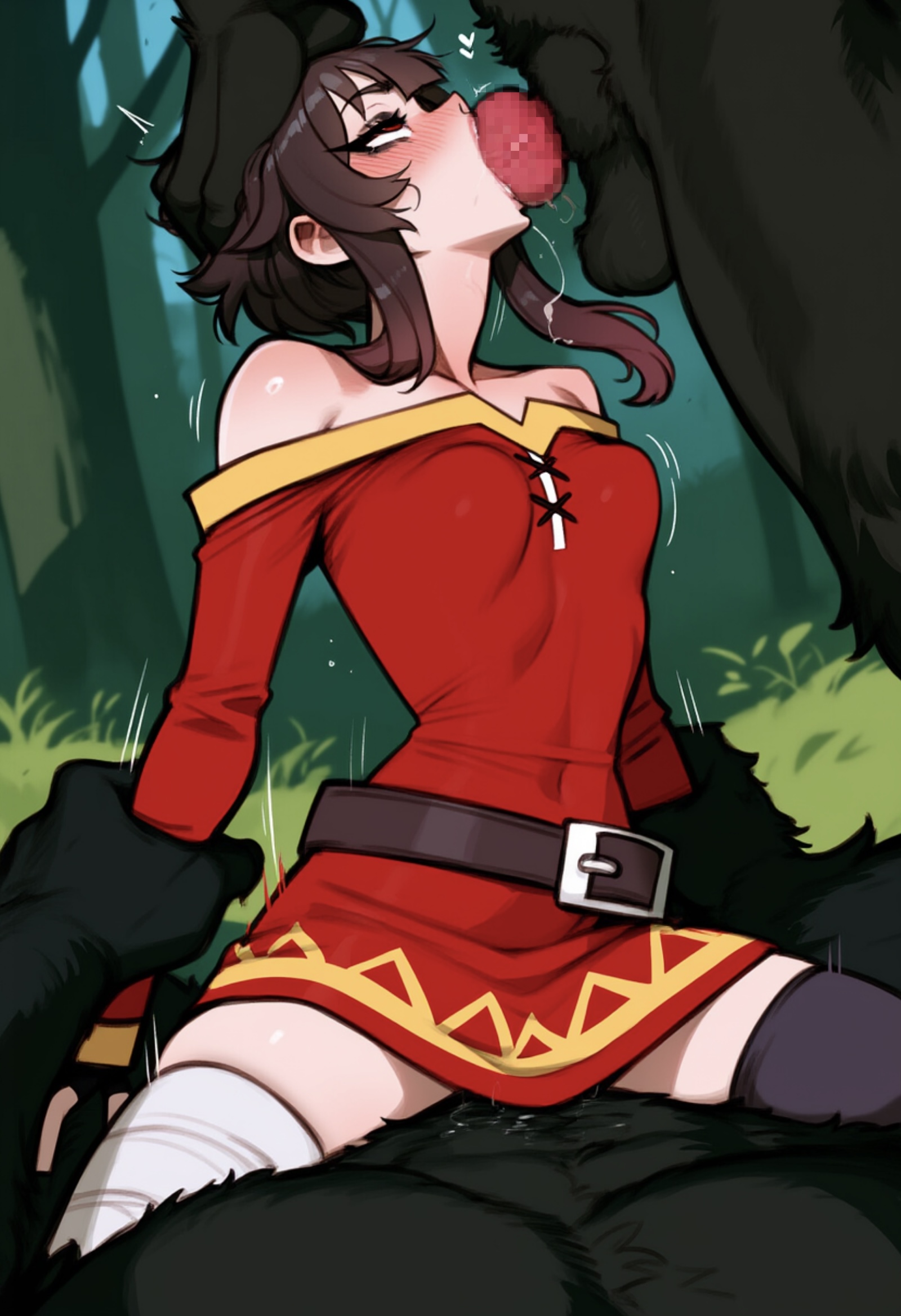 ai generated, anthro, anthro dominating human, anthro on human, anthro penetrating, anthro penetrating human, blush, brown hair, bulge, canid, canine, canine on human, canine penis, clothing, deepthroat, dominant anthro, domination, fellatio, female, femsub, human, human female, human on anthro, human penetrated, knot, knotted penis, kono subarashii sekai ni shukufuku wo!, konosuba, male anthro/female human, megumin, narrow waist, oral, oral sex, outside, pale skin, pale-skinned female, pussy, skinny, skirt, small breasts, spitroast, straight, submissive human, thighhighs, vagina, vaginal penetration, werewolf, wolf, yumerush