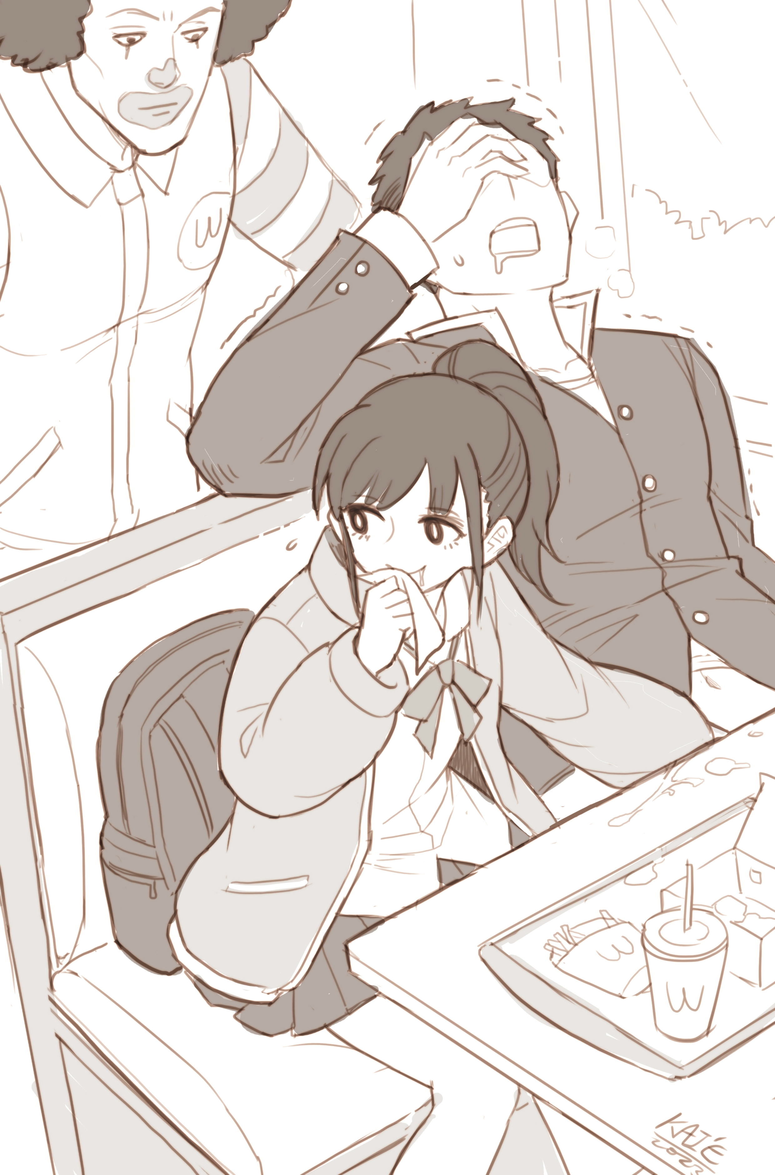 1girls, 2023, 2boys, 2d, artist name, black and white, black line art, boyfriend (japanese mcdonald's commercial), boyfriend-girlfriend, cum, female, girlfriend (japanese mcdonald's commercial), handjob, handjob under table, kai e, line art, male, mcdonald's, monochrome, pixiv, png, ronald mcdonald, table, watermark, wcdonald's, yoru mac