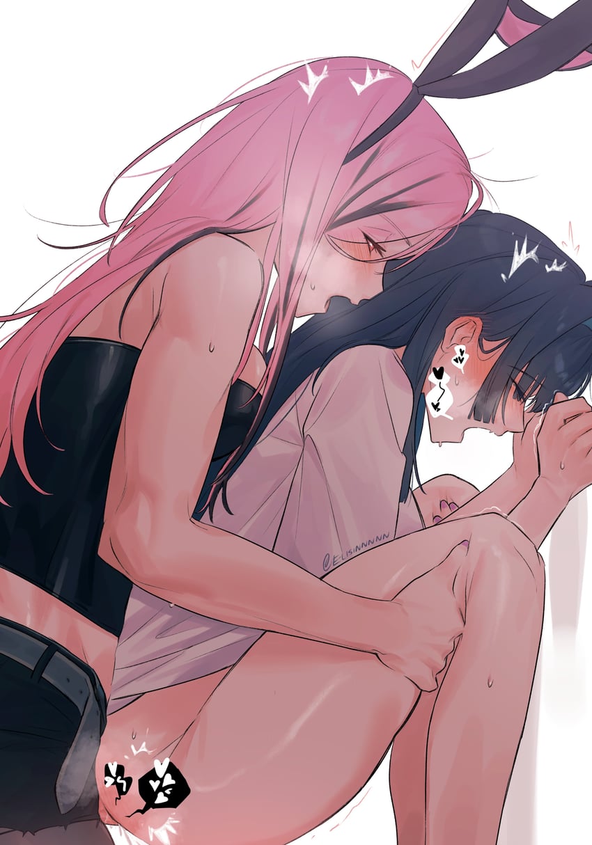 1futa, animal ears, belt, blue hair, bunny ears, clenched hand, closed eyes, commentary, elisbian, female, full nelson, futa on female, futanari, headband, headwear, heart, hololive, hololive english, lifting person, long hair, mori calliope, multicolored hair, muscles, open mouth, ouro kronii, painted nails, partially clothed, penetration, pink hair, red eyes, sex, short hair, spoken heart, standing sex, sweat, tears, thigh grab, vaginal penetration, virtual youtuber, vtuber, yuri
